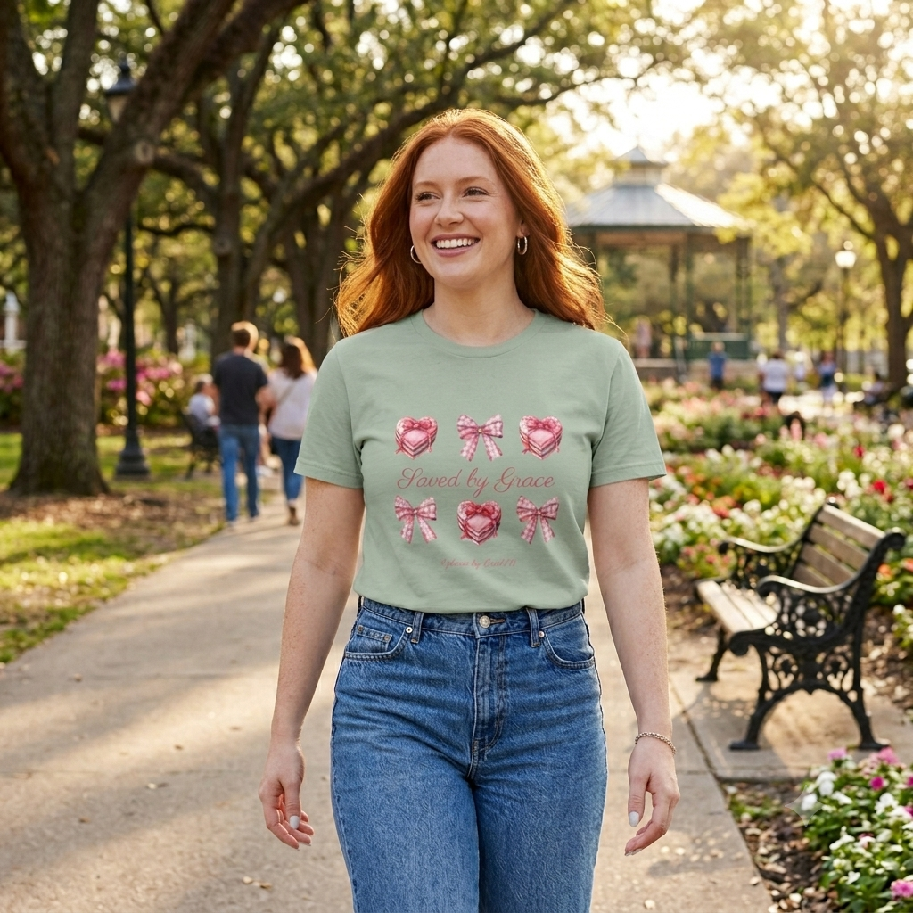 Saved by Grace Sage Green Graphic Tee • Coquette Bows & Hearts Ribbon T-Shirt