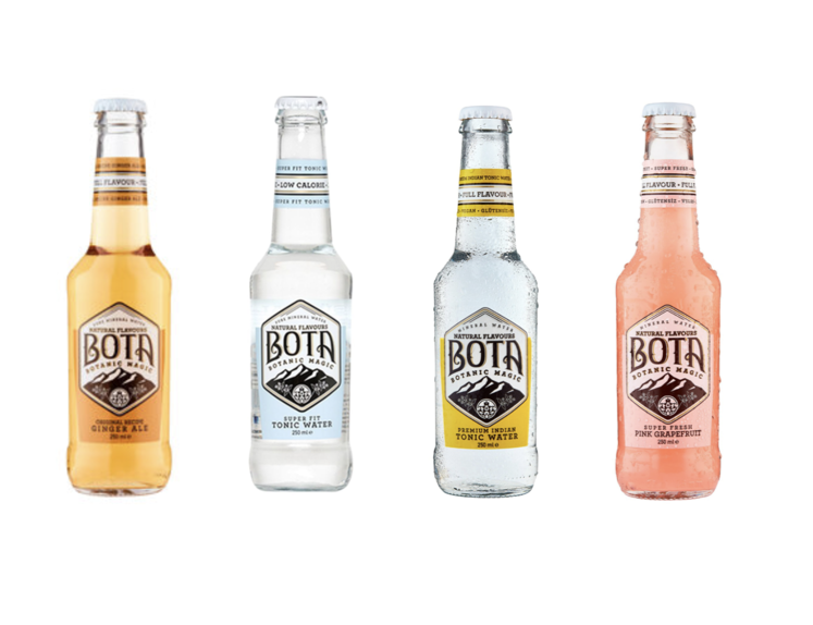 Four bottles of Botanic (BOTN) tonic water in ginger, plain, lemon, and pink grapefruit flavors, lined up against a white background.