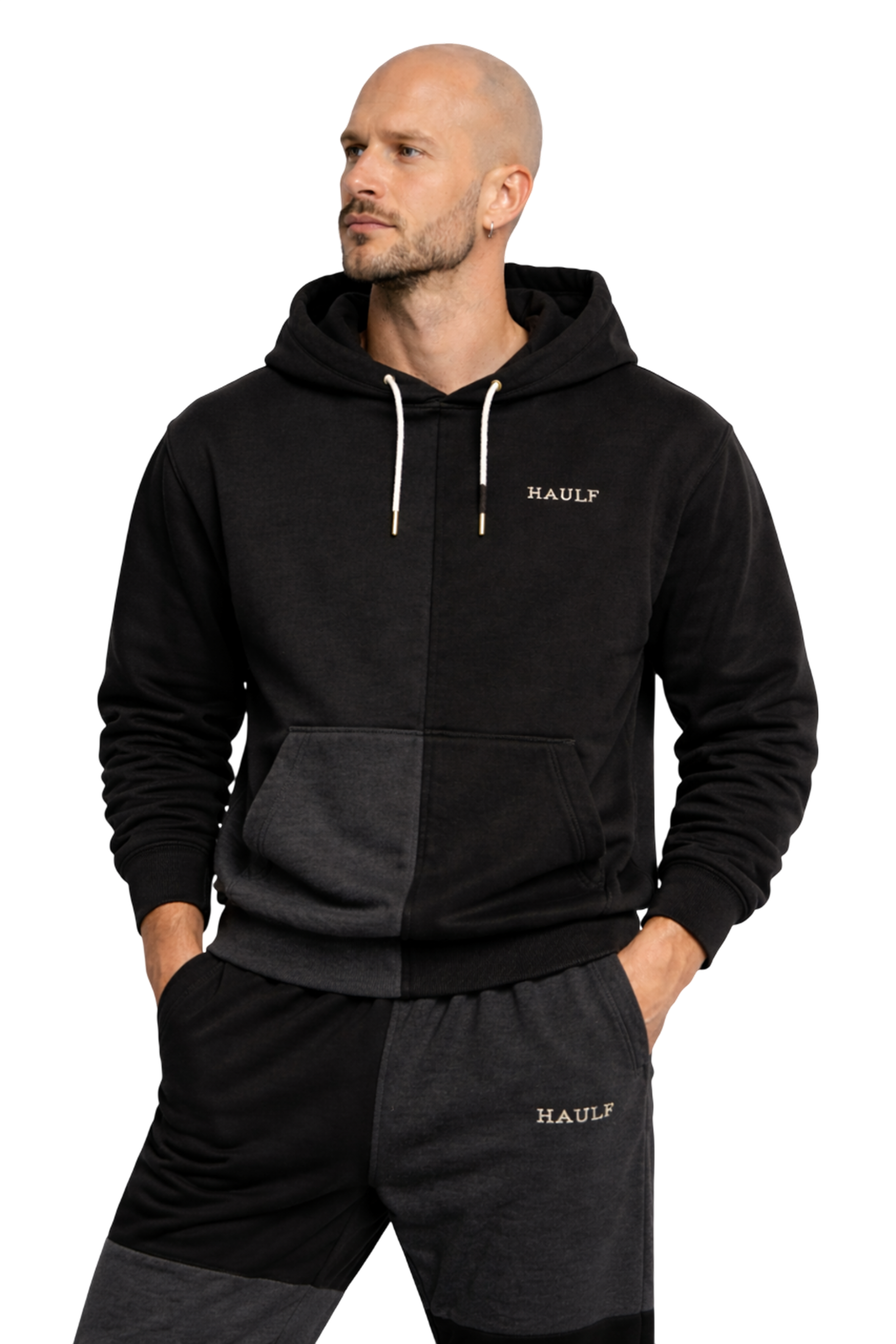 HAULF black and grey two-tone tracksuit for men, premium streetwear hoodie and sweatpants set