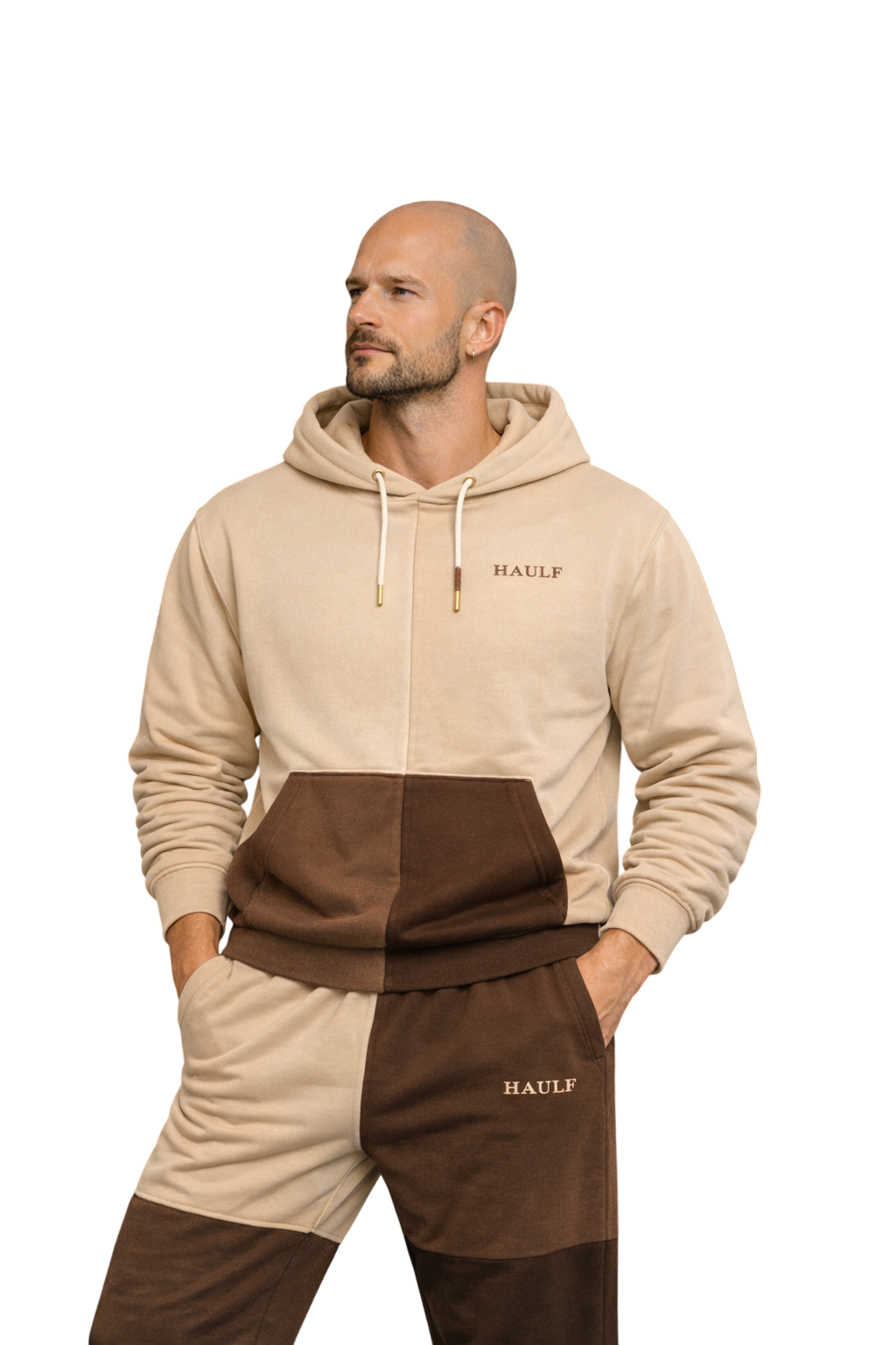 HAULF beige and brown two-tone tracksuit for men, premium hoodie and sweatpants set with modern streetwear design