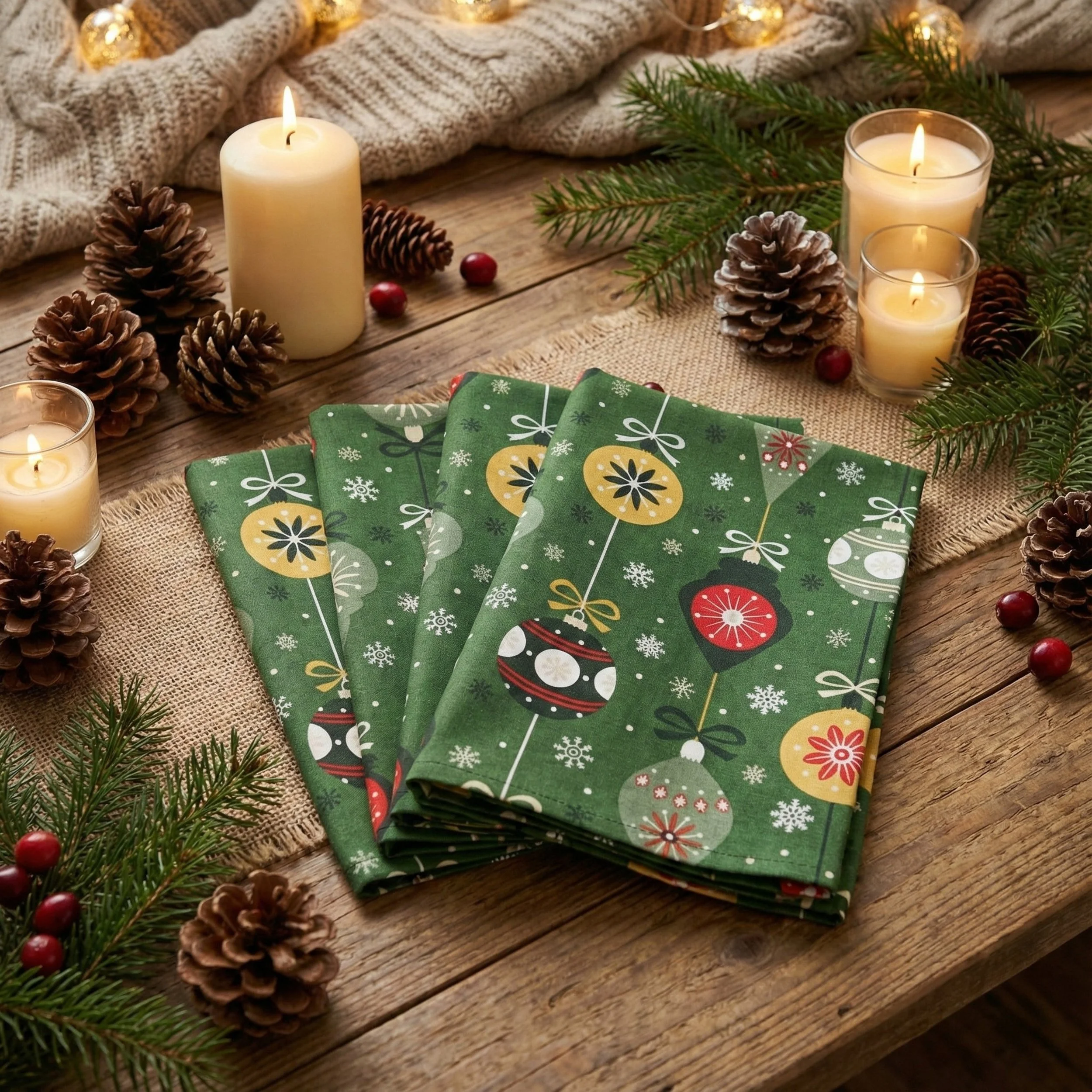 Set of green Christmas napkins with decorated ornaments design, surrounded by pinecones, candles, and evergreen branches on a rustic wooden table for holiday dining.