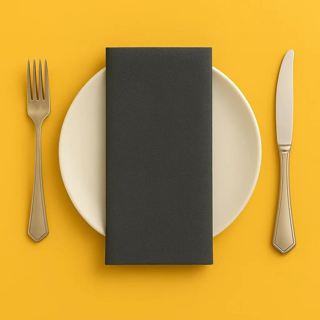 A table setting with a white plate, a black menu or napkin layer on top, a silver fork on the left, and a silver knife on the right, all on a bright yellow background.