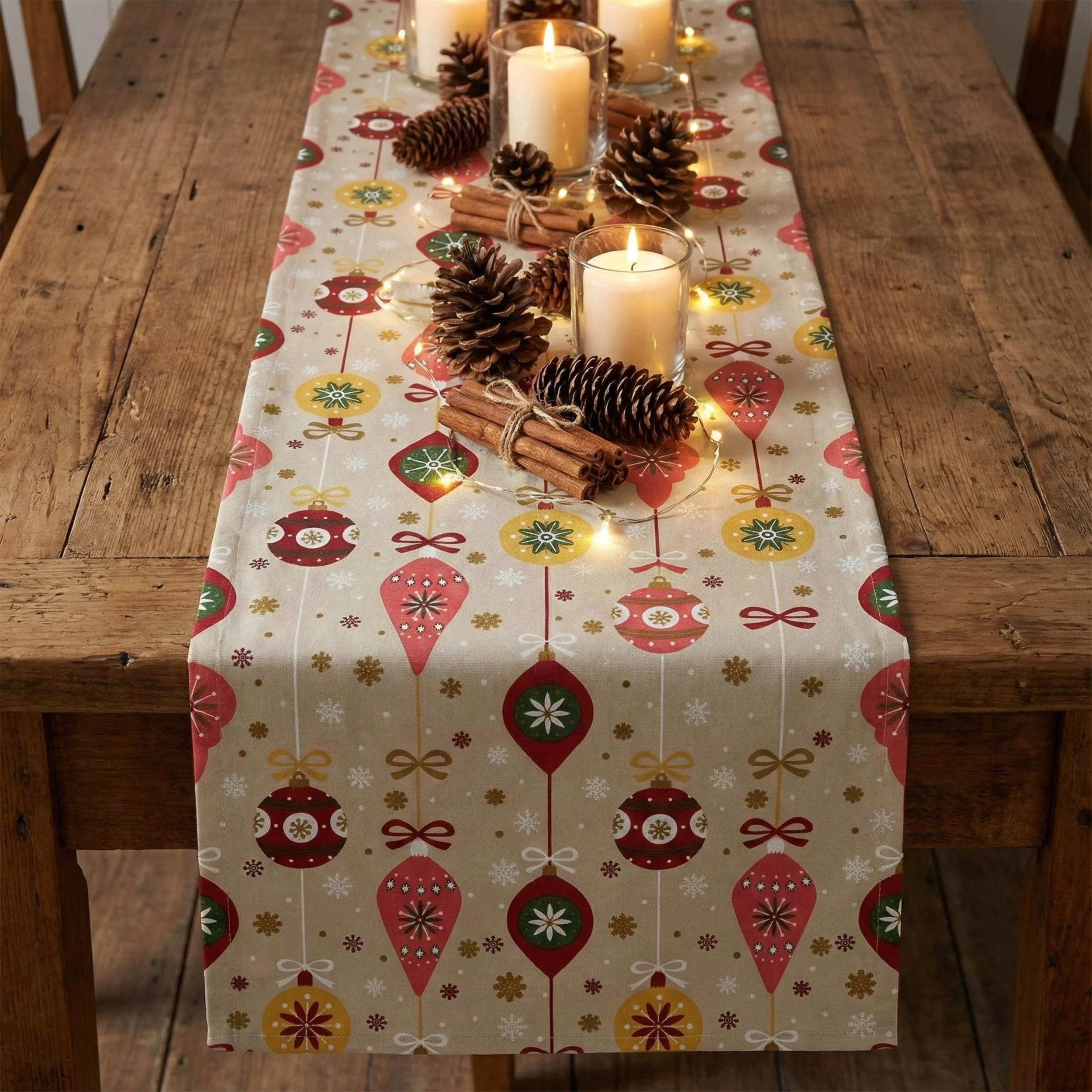 A holiday-themed table runner decorated with candles, pinecones, cinnamon sticks, and string lights on a wooden dining table.
