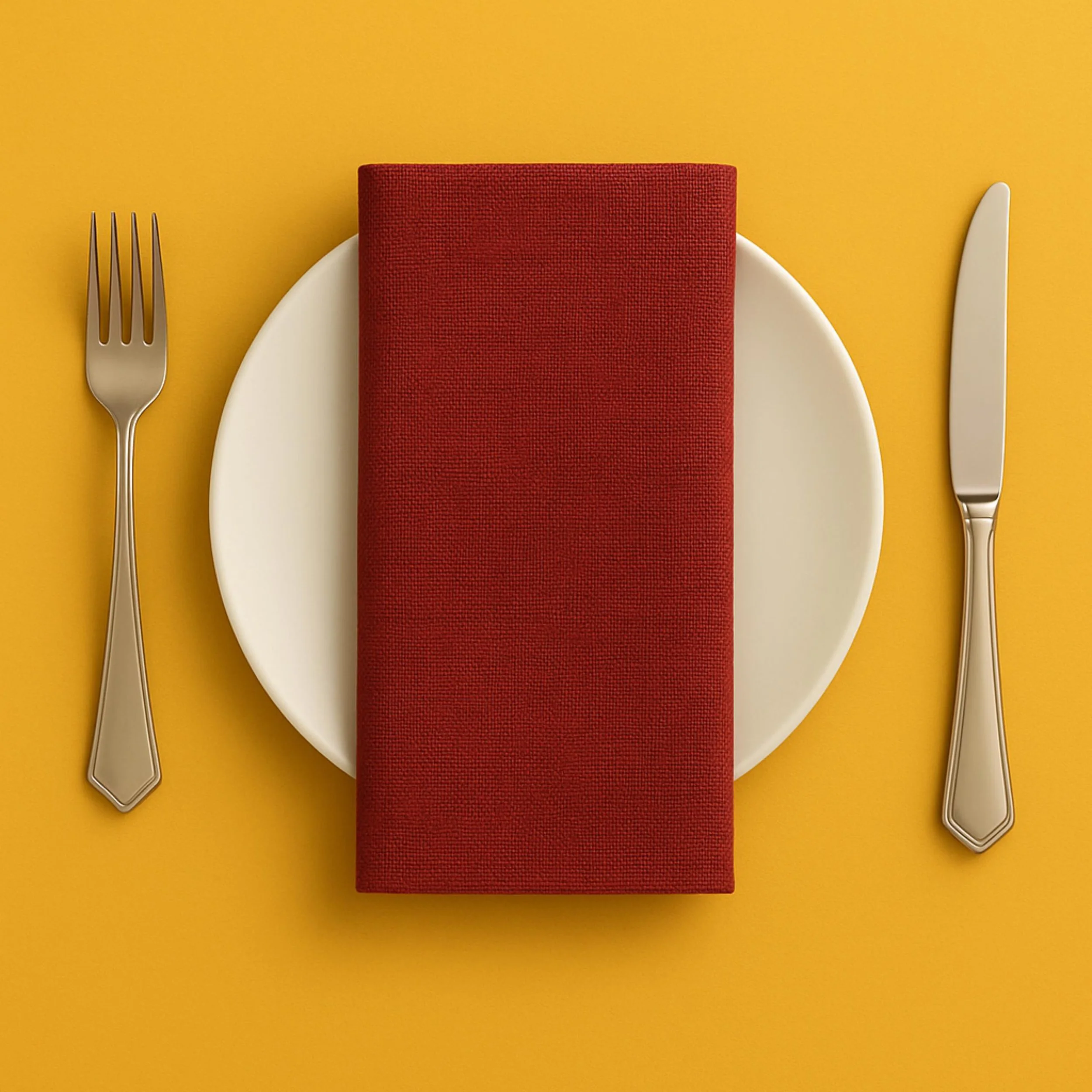 Table setting with a white plate, red napkin, fork on the left, and knife on the right on a yellow background.