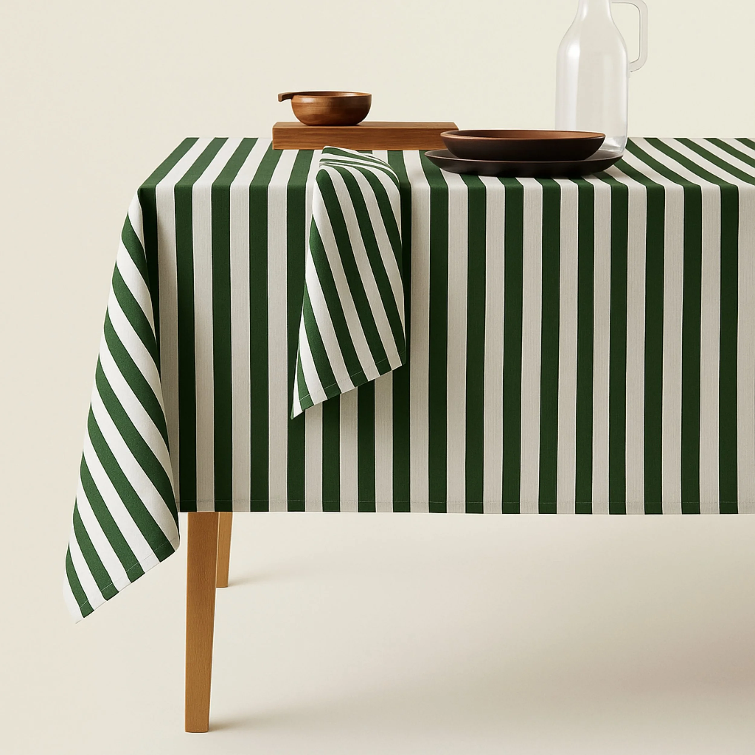 A table covered with a green and white striped tablecloth, with wooden dishes, a glass bottle, and a wooden tray on top.