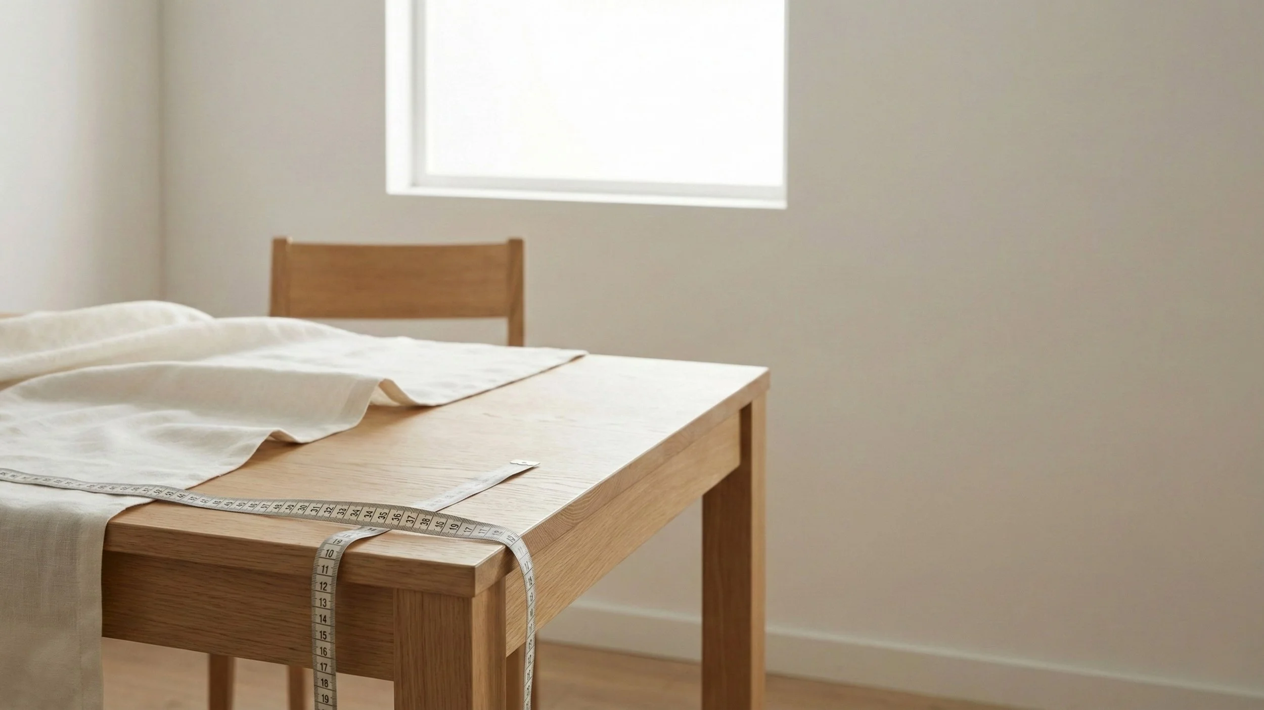 Wooden table with fabric and a measuring tape in a bright, minimalist room with a window.