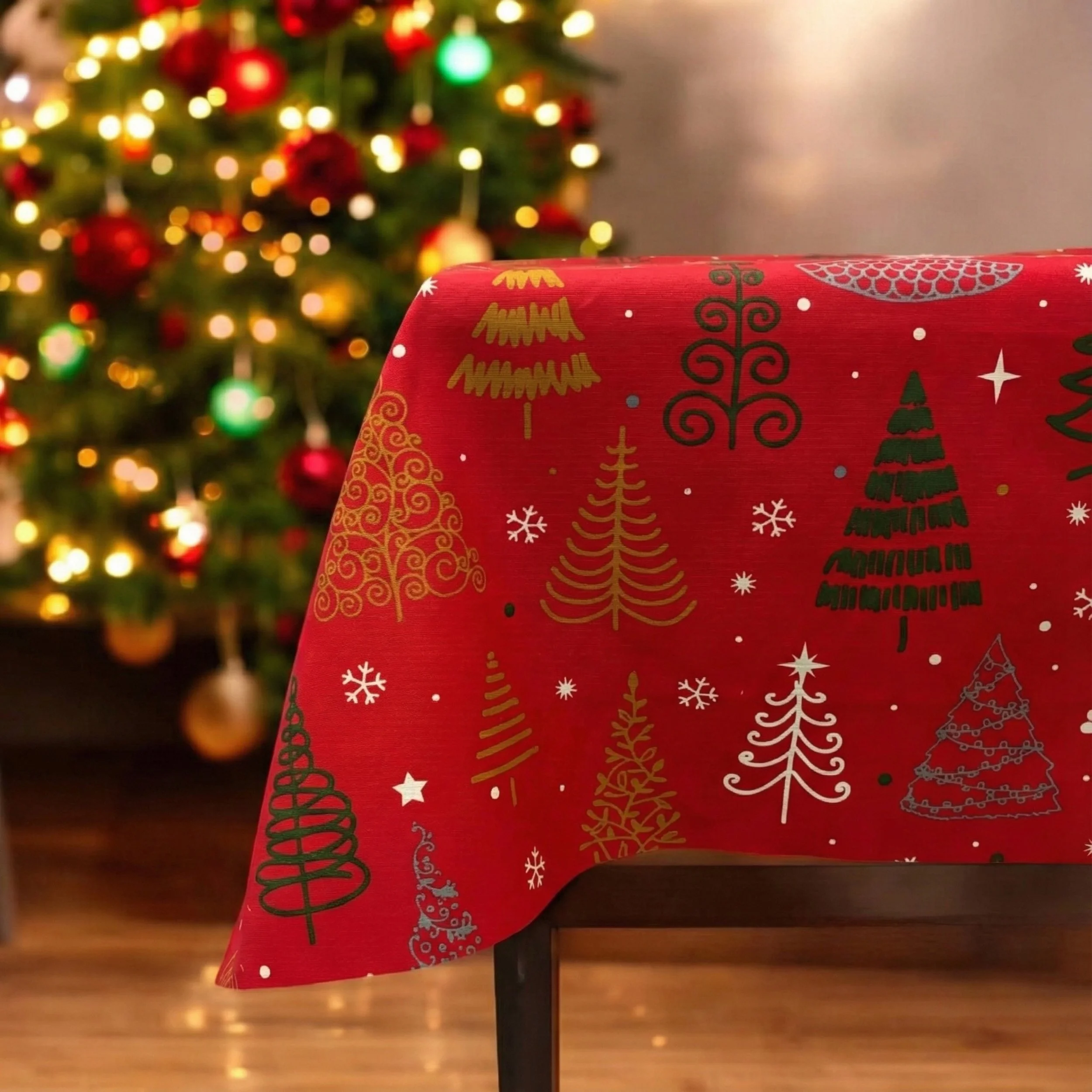 Close-up of a holiday-themed tablecloth with Christmas trees and snowflakes, partially covering a table, with a decorated Christmas tree with lights and ornaments in the background.