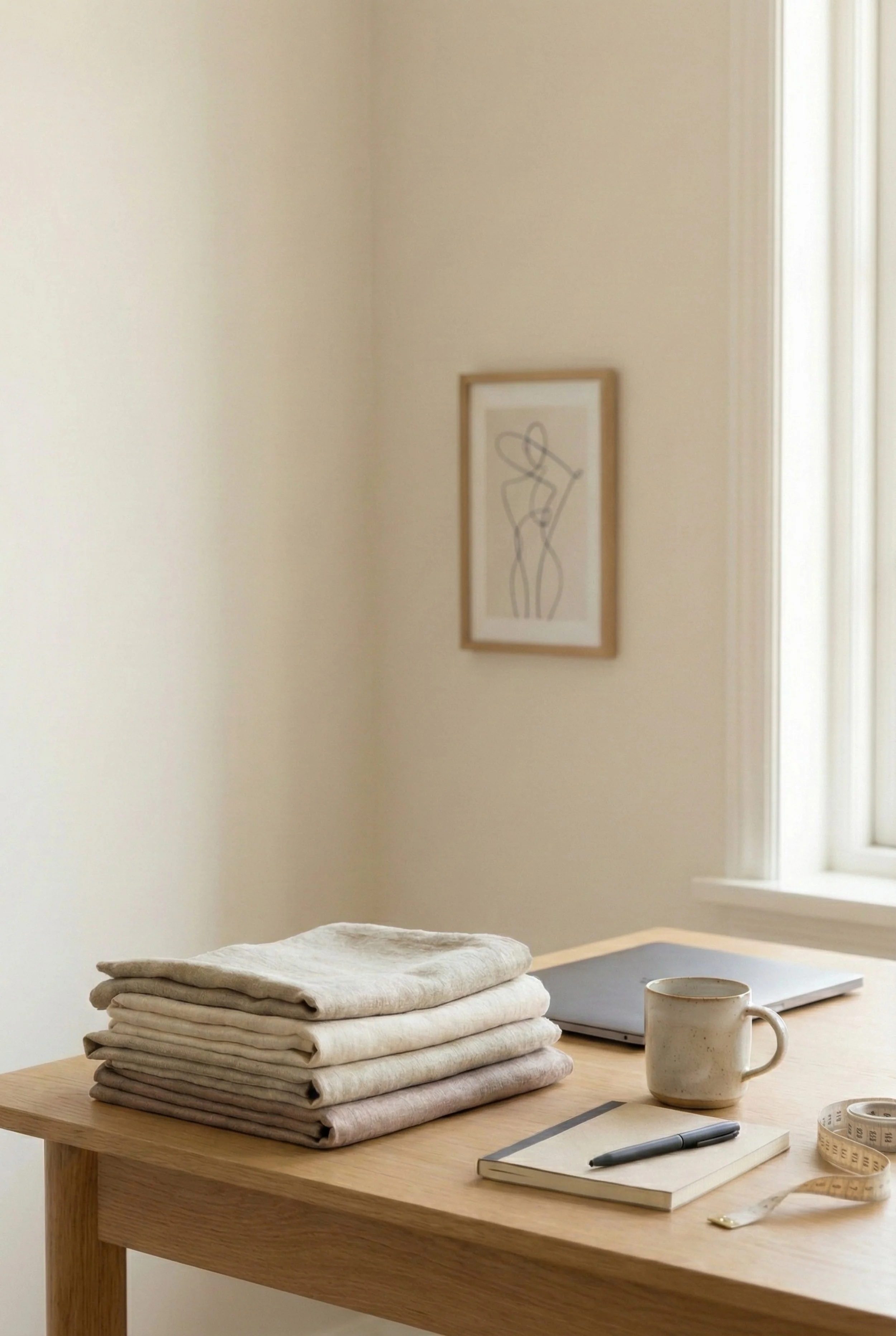 A wooden table with folded neutral-colored linen clothes, a gray notebook, a ceramic mug, a black pen on a notebook, a measuring tape, and a closed laptop near a window. A framed abstract line drawing hangs on the wall in the background.