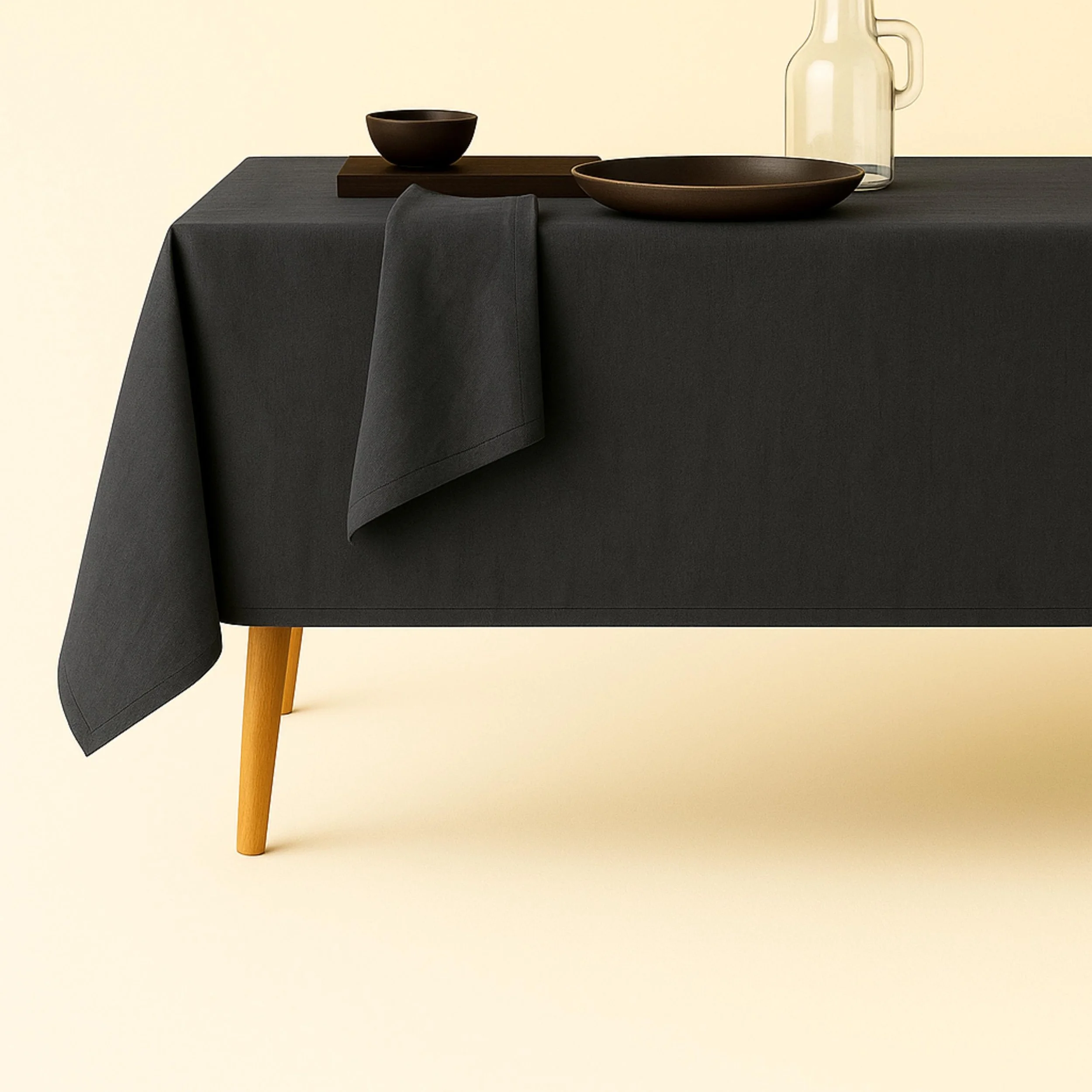 A minimalist dining or coffee table with a black tablecloth, a wooden tray holding a black bowl, a brown oval plate, and a glass bottle, against a neutral background.