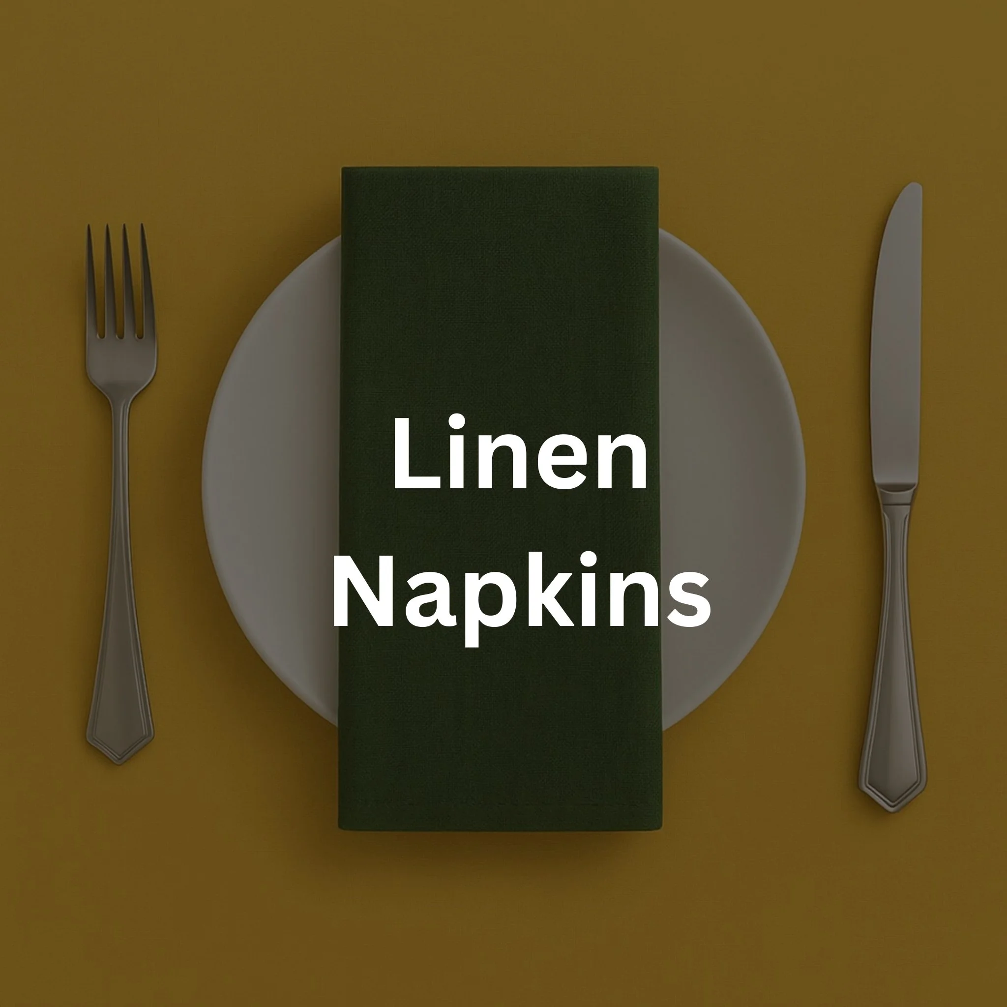Table setting with a white plate, a green linen napkin on the plate, a fork to the left, and a knife to the right on a yellow background.