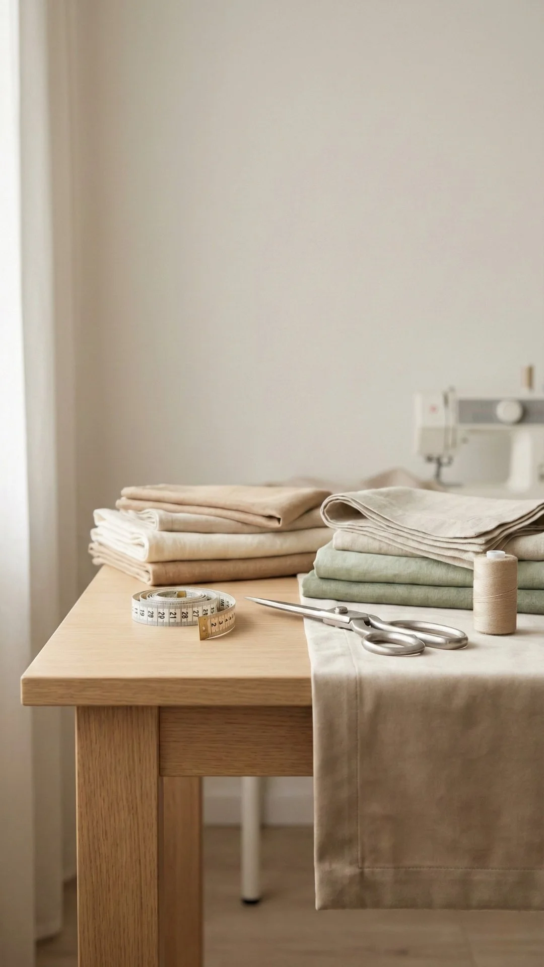 A sewing workspace with fabric, scissors, measuring tape, and a spool of thread on a wooden table.