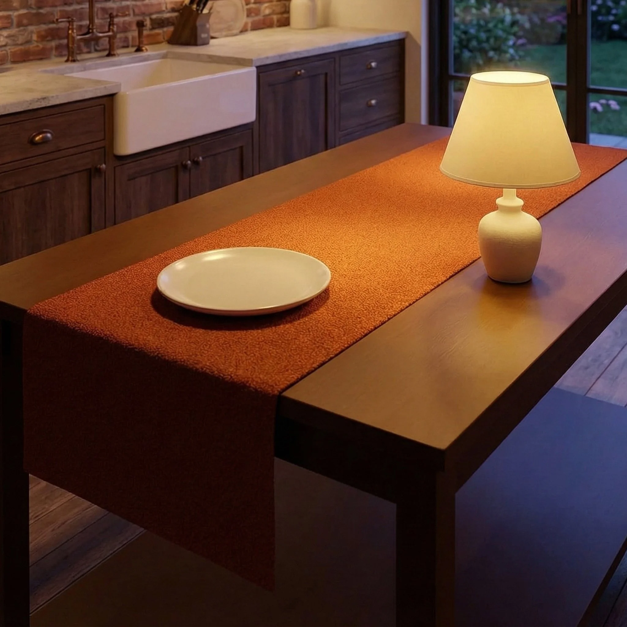 A wooden table with an orange table runner, a white plate, and a cream-colored table lamp in a kitchen with dark wood cabinets, a brick wall, and a window with a garden view.