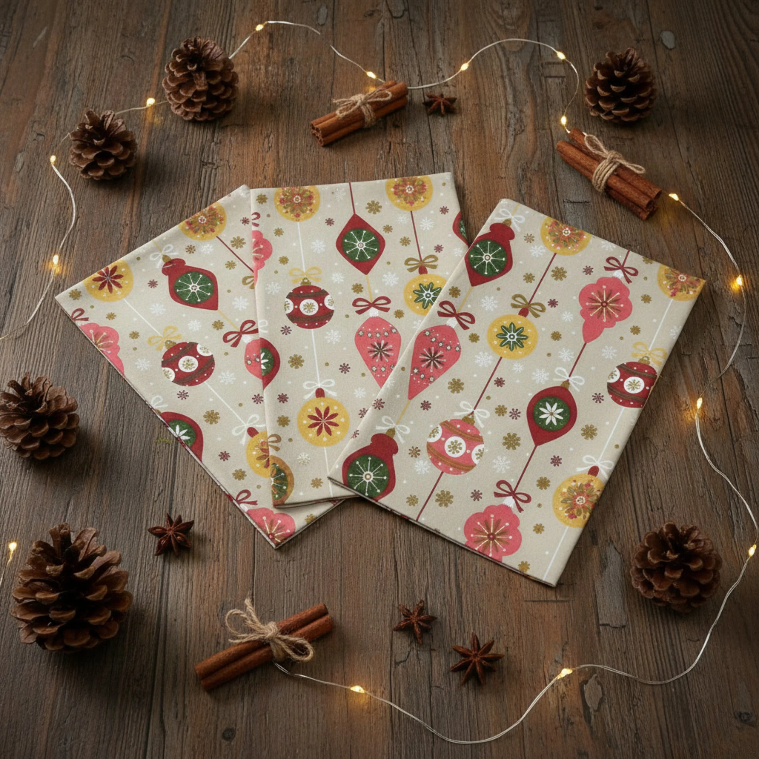 Three wrapped Christmas gift boxes on a wooden surface, surrounded by pinecones, star anise, cinnamon sticks, and a string of small glowing lights.