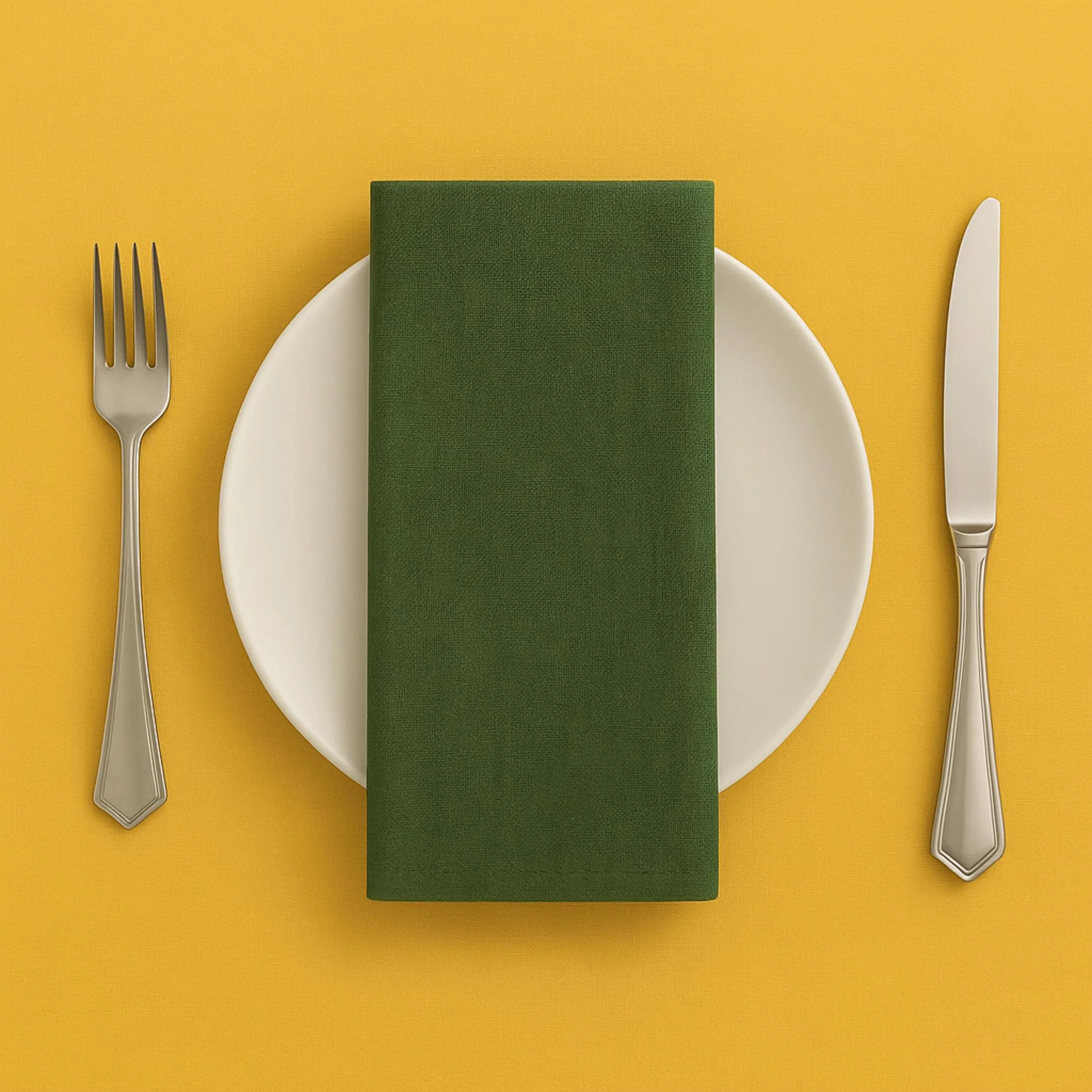 A table setting with a white plate, green napkin, and silver fork and knife on a yellow background.