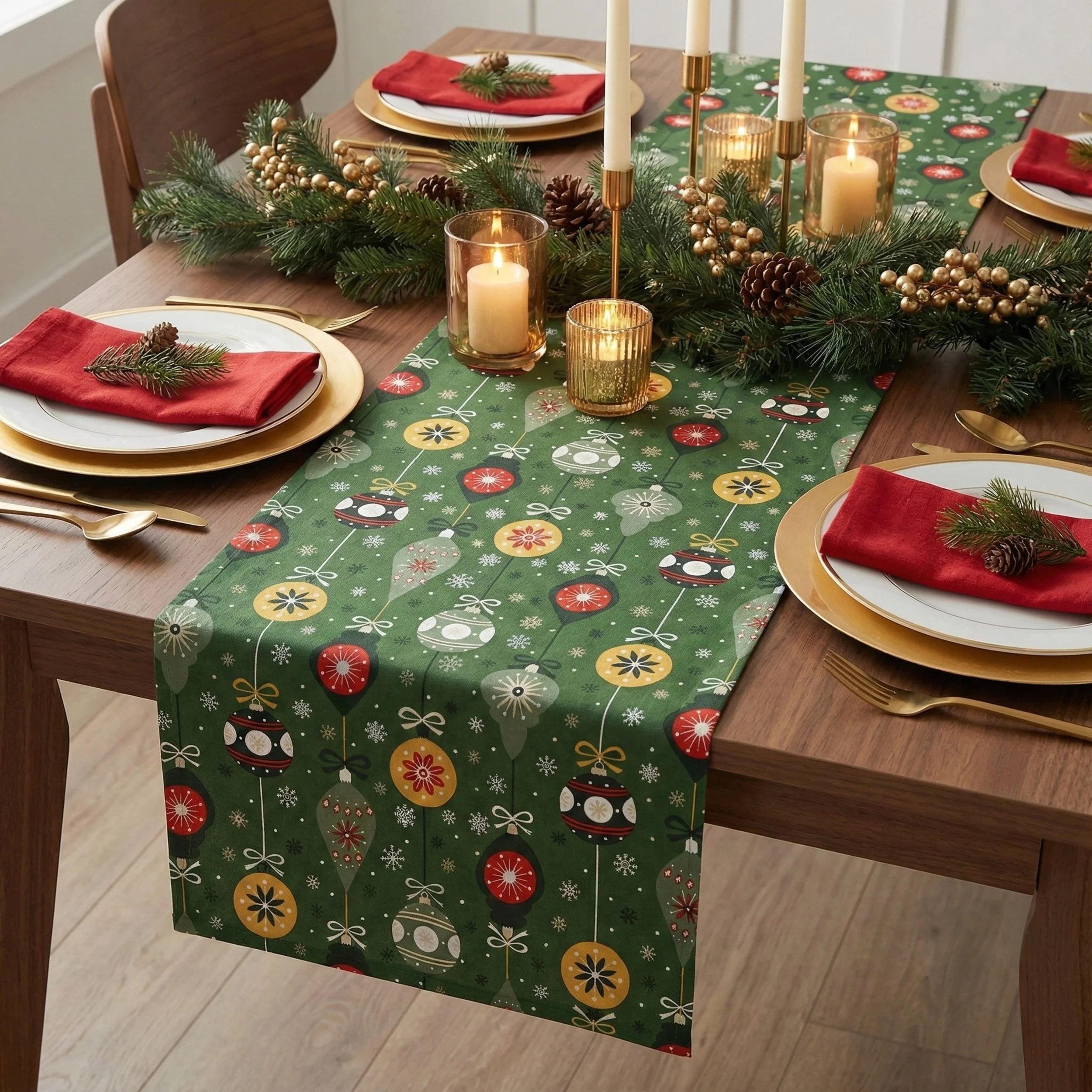 Christmas table setting with a green holiday-themed table runner, gold and white plates, red napkins with greenery and pinecones, and a centerpiece of candles, pine branches, pinecones, and gold ornaments.