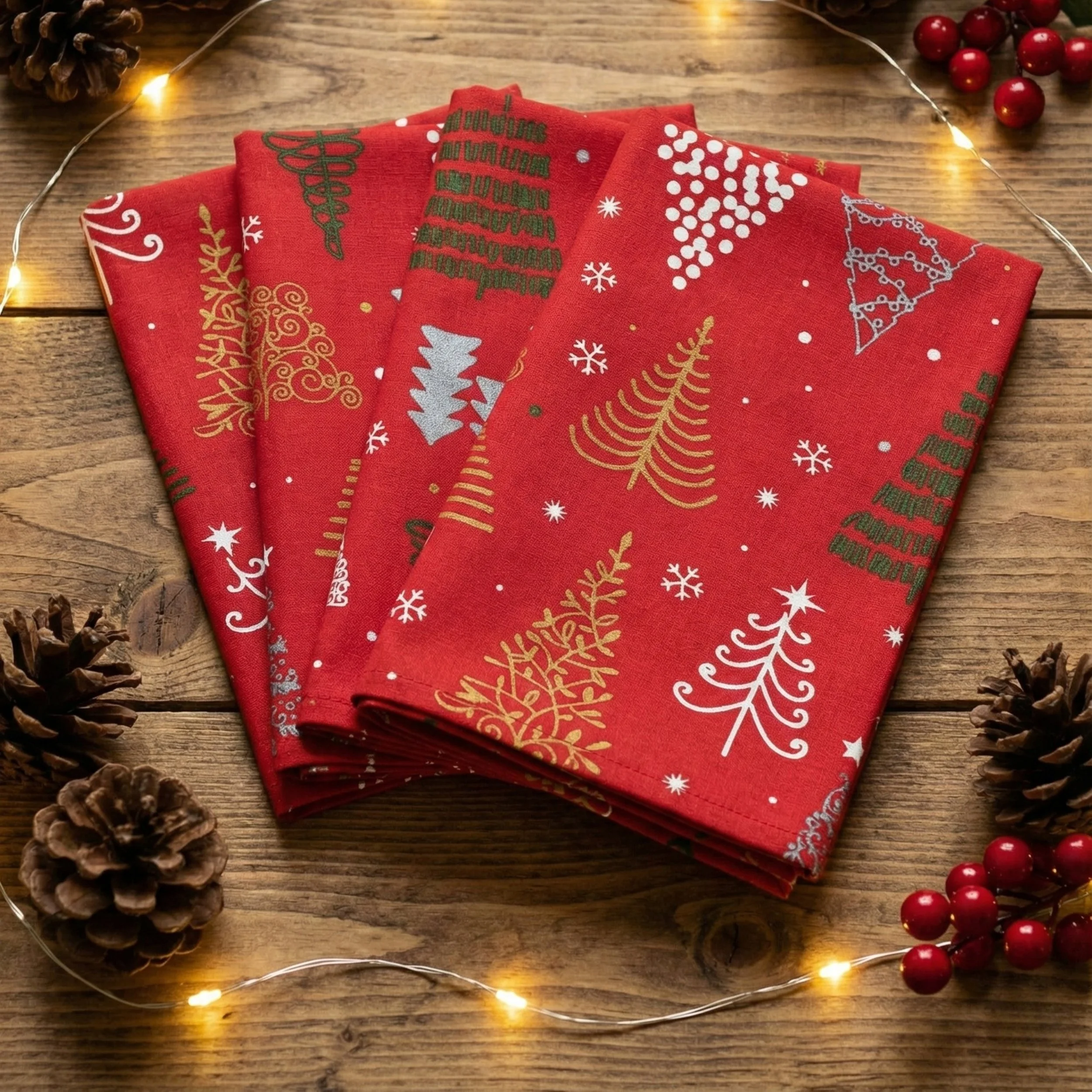 Four red Christmas napkins with gold and white tree and snowflake patterns, arranged on a wooden surface with pinecones, red berries, and string lights around them.