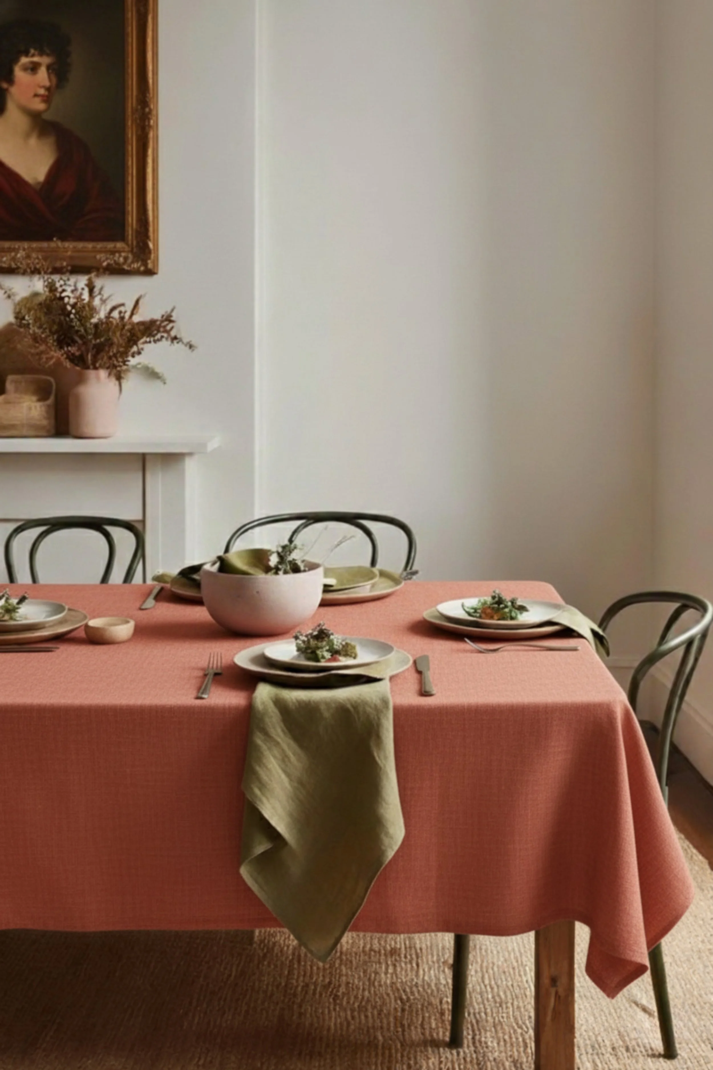 A dining table set for four with white plates, cutlery, and small floral arrangements, covered with a coral tablecloth and green cloth napkins, in a room with a white wall, a sideboard with pink and dried flower vases, and a portrait hanging on the wall.