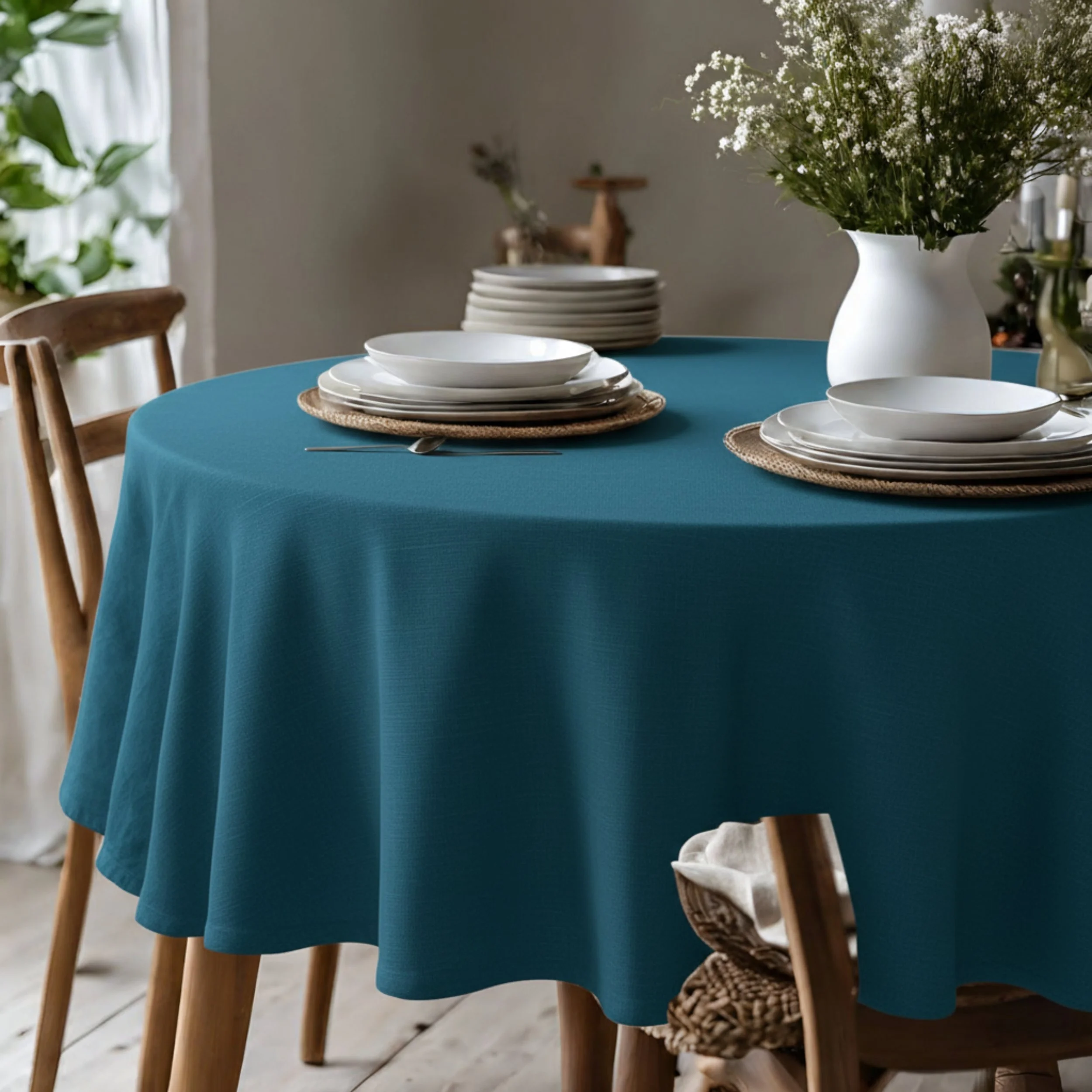 A round dining table with a teal tablecloth, set with white plates, bowls, and silverware, adorned with a large white vase filled with white and green flowers, surrounded by wooden chairs.