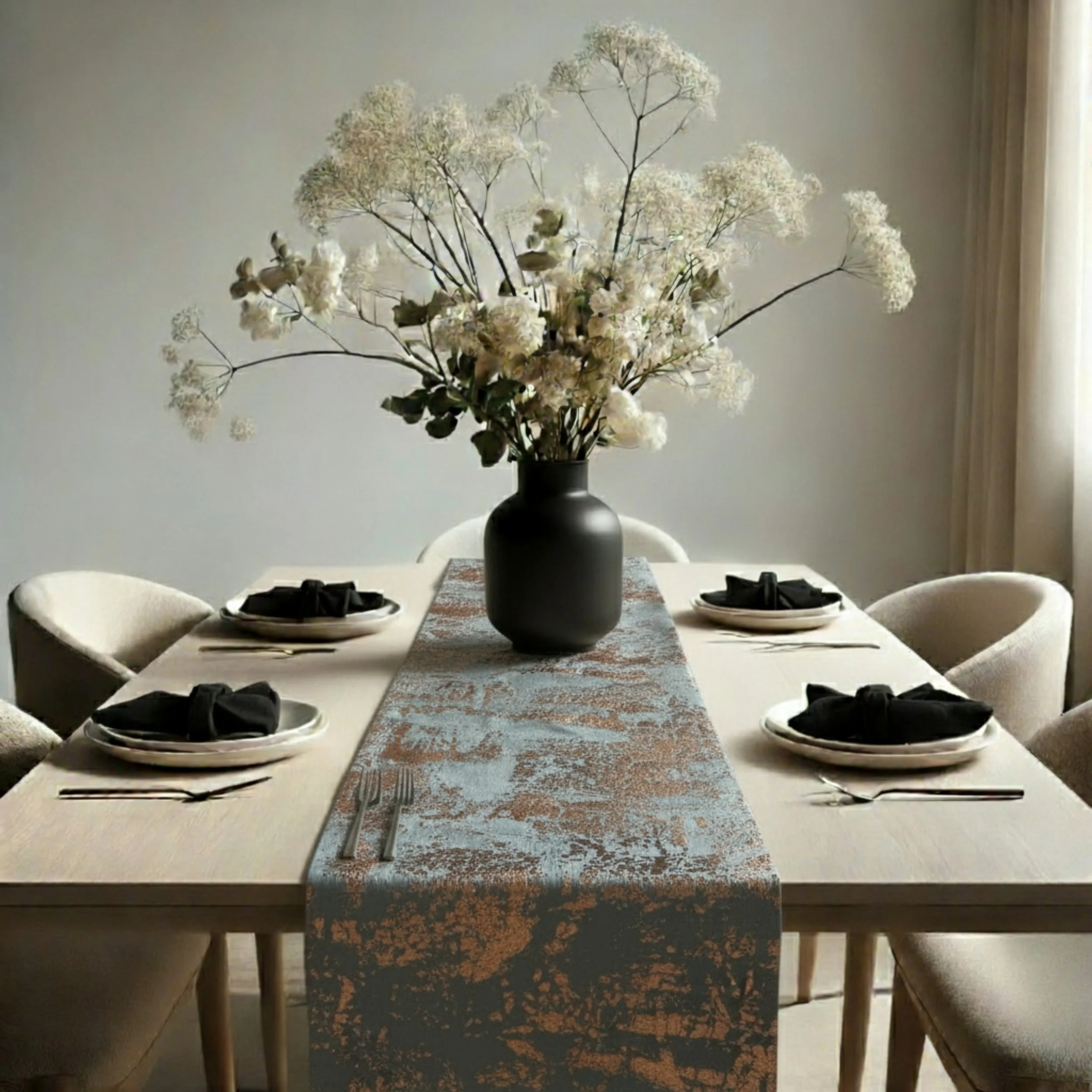 A dining table with a black vase of white flowers as a centerpiece, set with four white plates, black cloth napkins, and silverware, with four beige upholstered chairs around it, in a room with natural light and neutral decor.