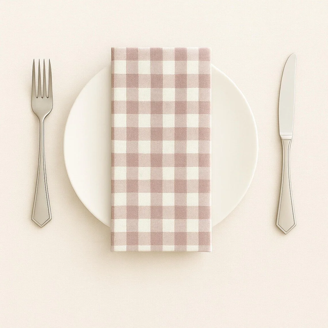A table setting with a white plate, a pink and white checkered napkin, a fork on the left, and a knife on the right, all on a light beige tablecloth.