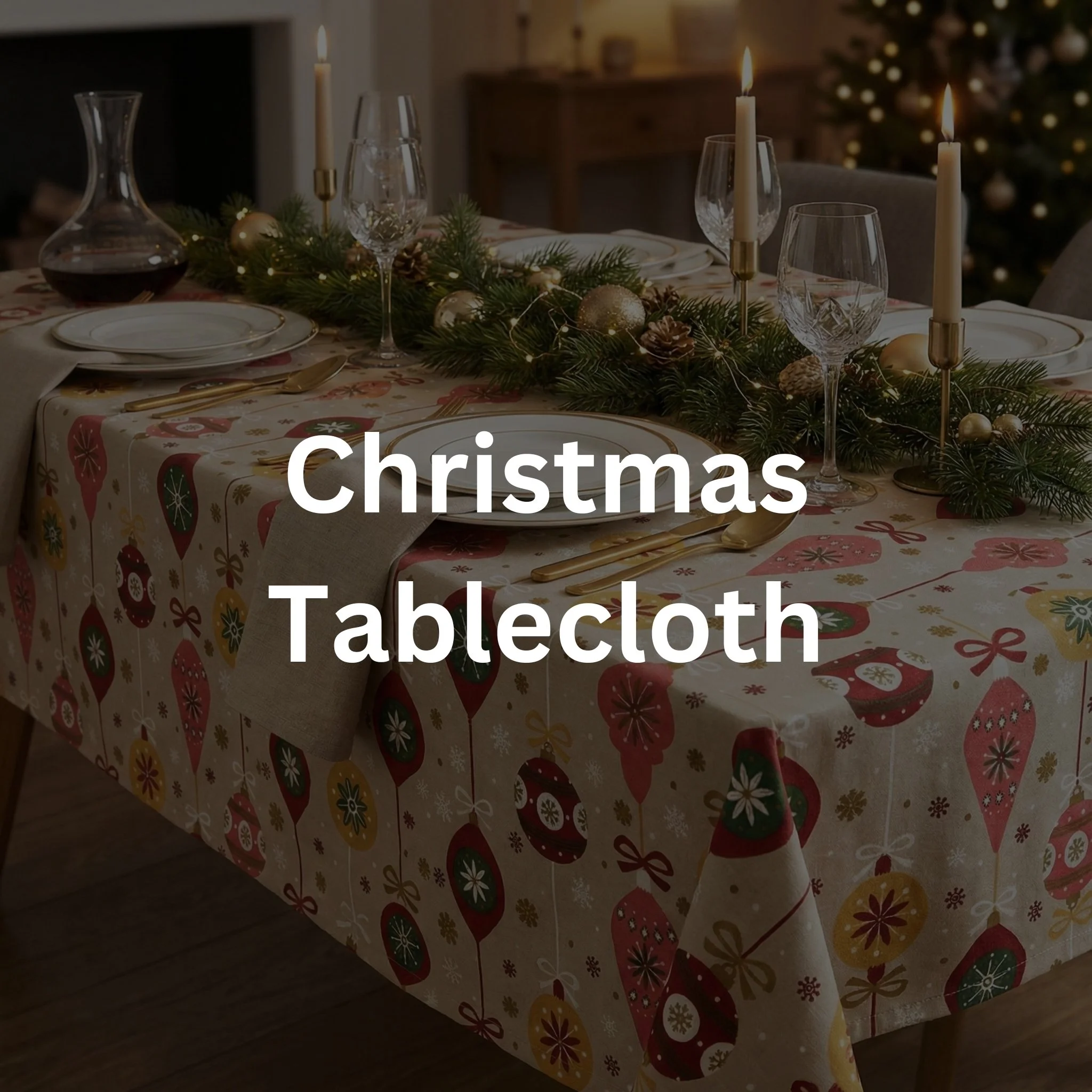 A decorated Christmas table with a festive tablecloth, candles, greenery, and ornaments.
