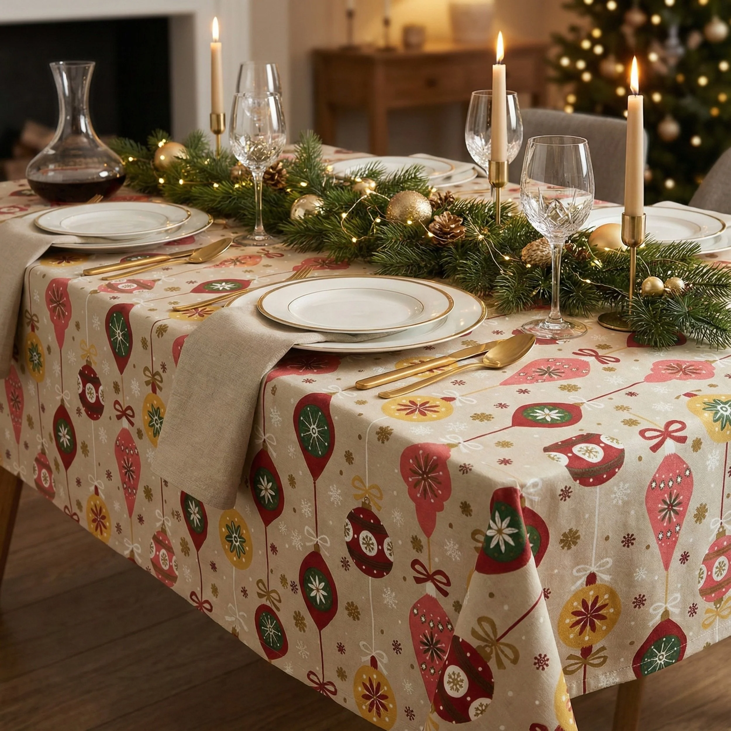A Christmas dinner table decorated with a festive tablecloth featuring ornaments and bows, topped with a greenery centerpiece with gold ornaments, pinecones, and fairy lights, and set with white plates with gold trim, gold utensils, wine glasses, a candle centerpiece with three lit candles, and a glass decanter with red wine. In the background, a Christmas tree with white ornaments and lights is visible.