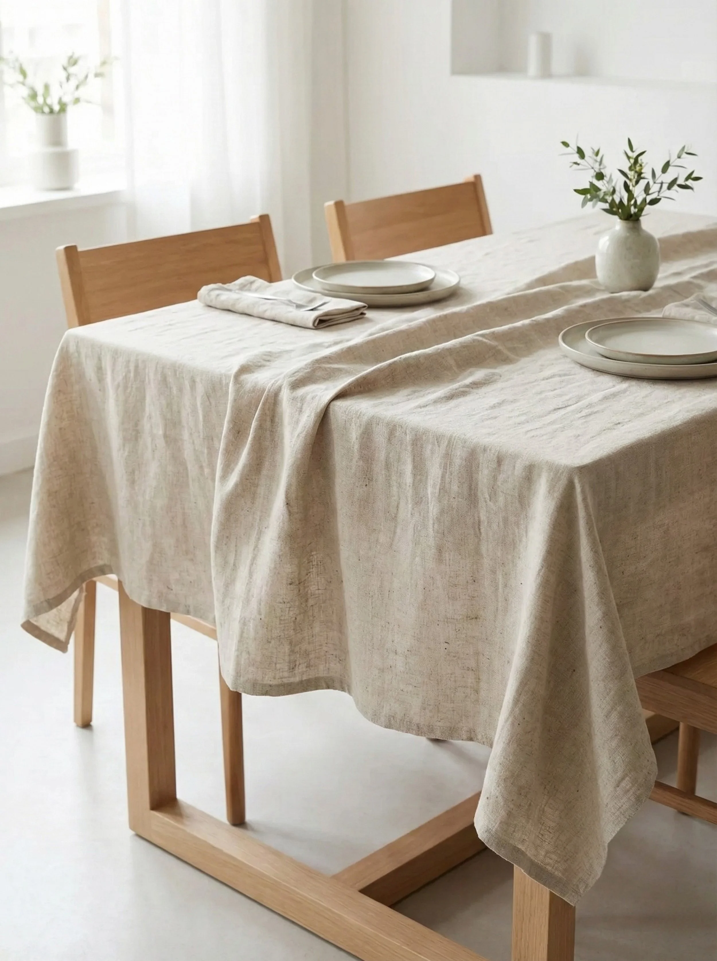 A dining table set with a beige tablecloth, white plates, linen napkins, and a small vase with greenery, in a bright room with sunlight and white walls.