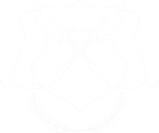 A heraldic crest with two sausage dogs standing on their hind legs, holding a shield featuring two crossed swords, and surrounded by a laurel branch.