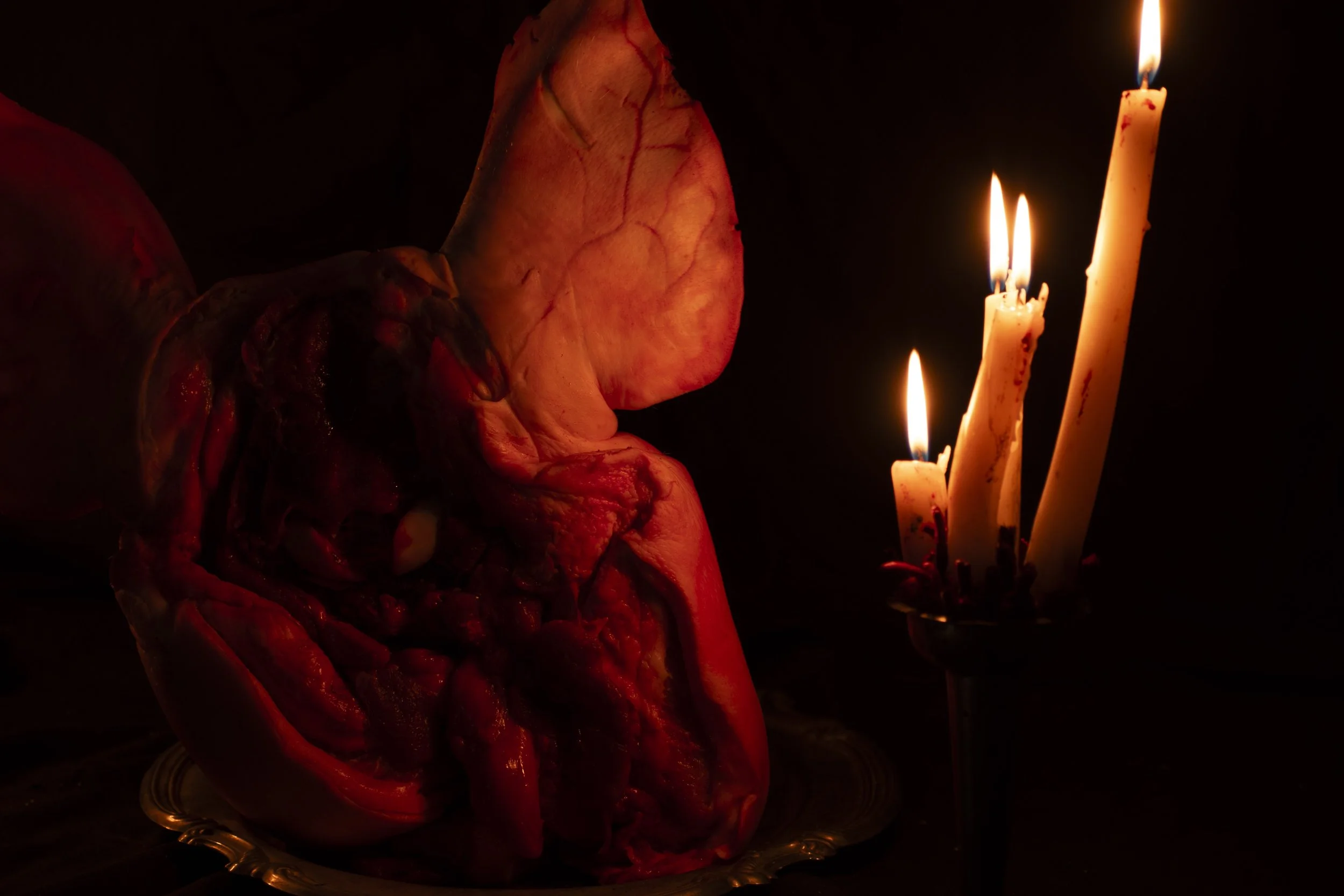 A raw beef heart next to a candelabra with five lit candles, all set against a dark background.
