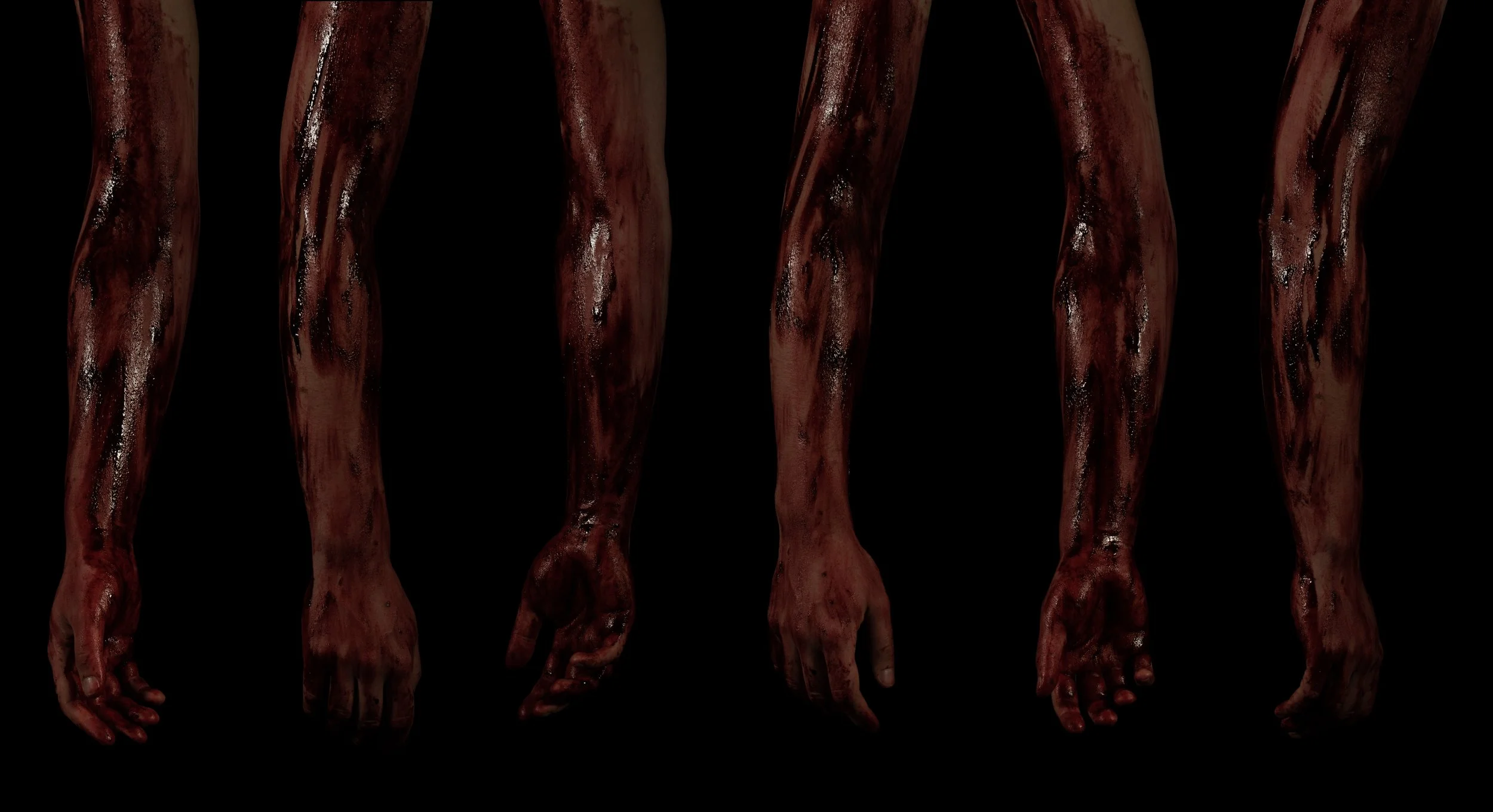 Five human arms and hands covered in blood, hanging downward against a black background.