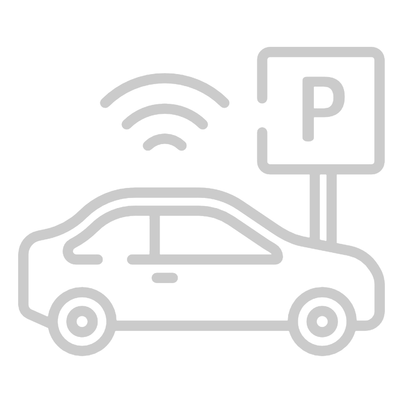 Outline of a parking lot with a car, Wi-Fi signal, and an accessible parking sign.