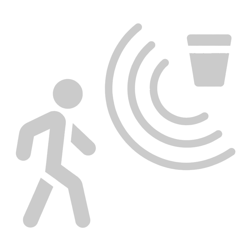 Icon of a person walking away from a trash can with sound waves indicating noise or alert.
