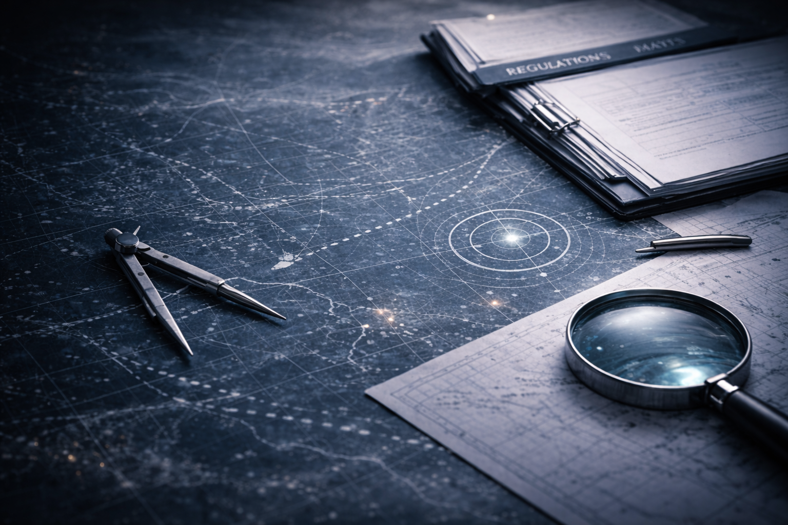 A scientific workspace featuring a detailed star map or celestial chart, drafting tools like a compass, a magnifying glass, and a stack of regulation documents.