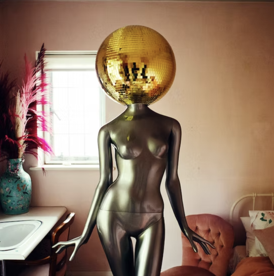 A metallic female mannequin with a disco ball head standing in a room with pink walls, a window, a pink chair, and a floral vase with pink and red pampas grass.