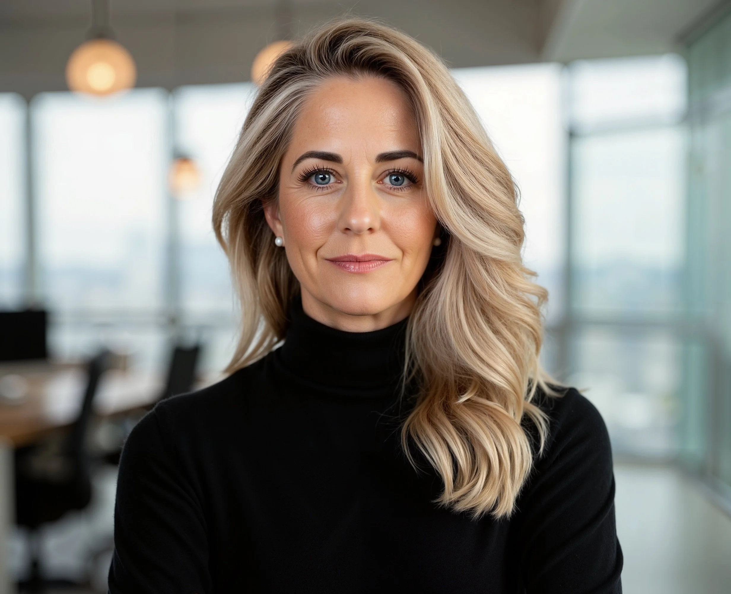 Elisabet Barnes, PhD, in a black turtleneck posing in an office with large windows and blurred office furniture in the background.
