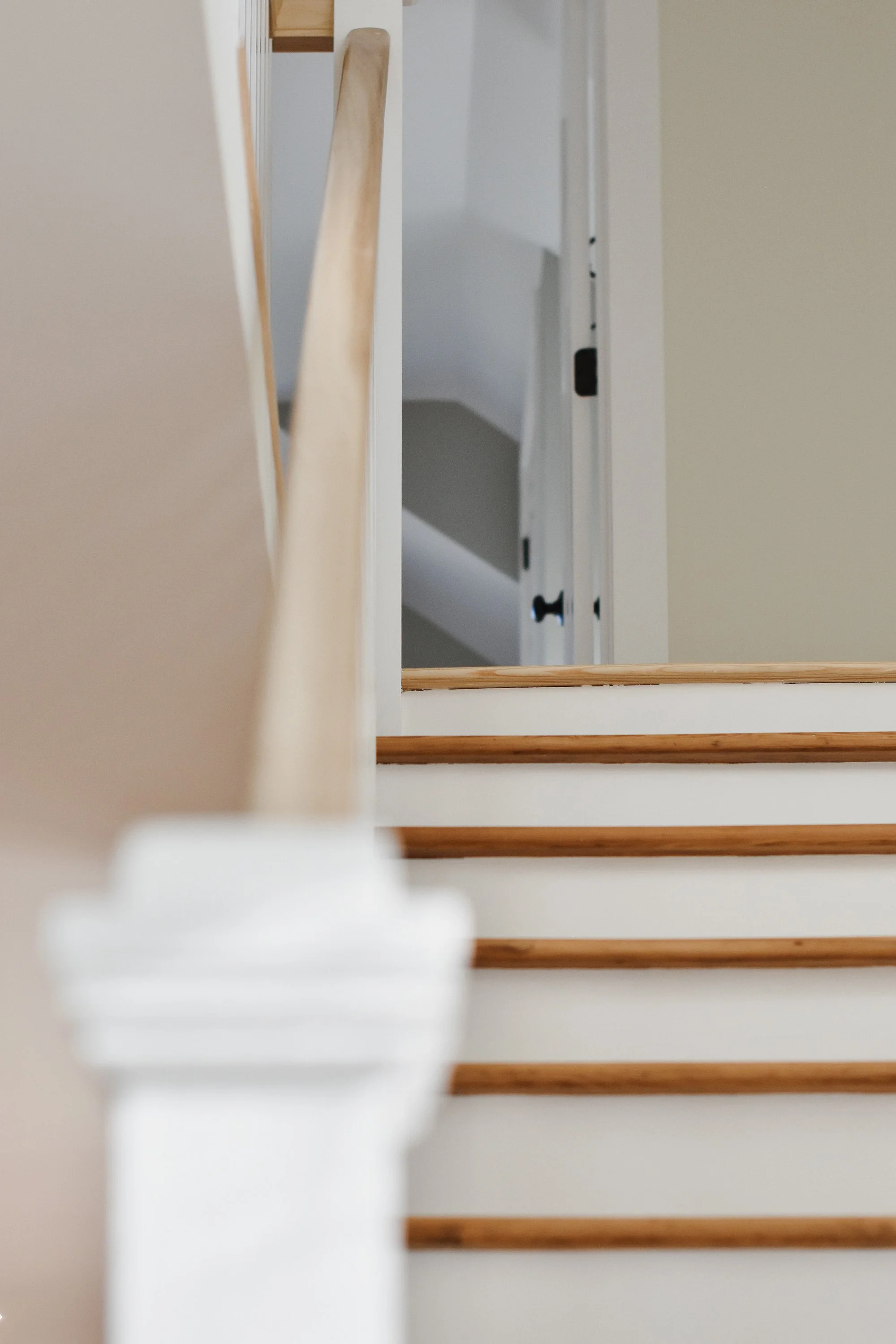 rustic modern farmhouse staircase, view into upstairs open door