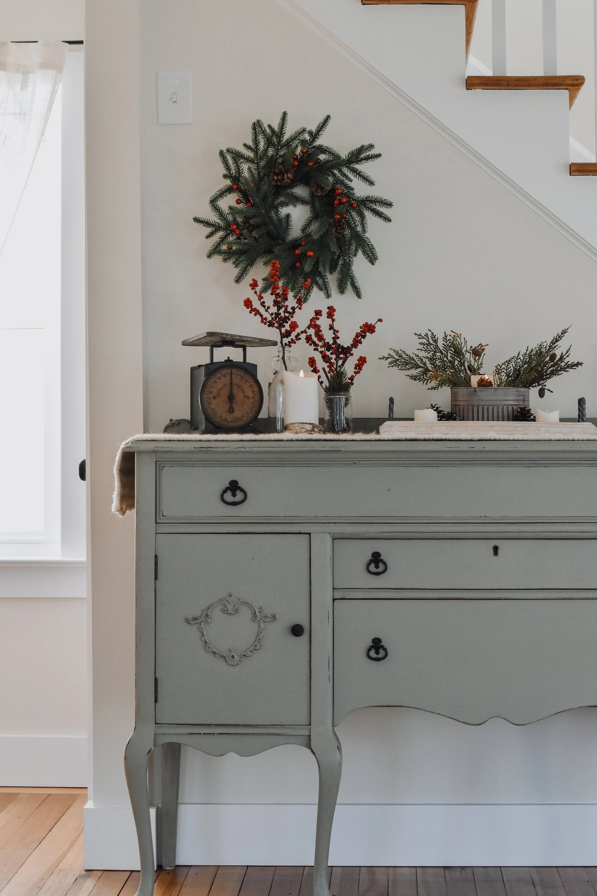 restored farmhouse decor antiquue buffet with natural and rustic details