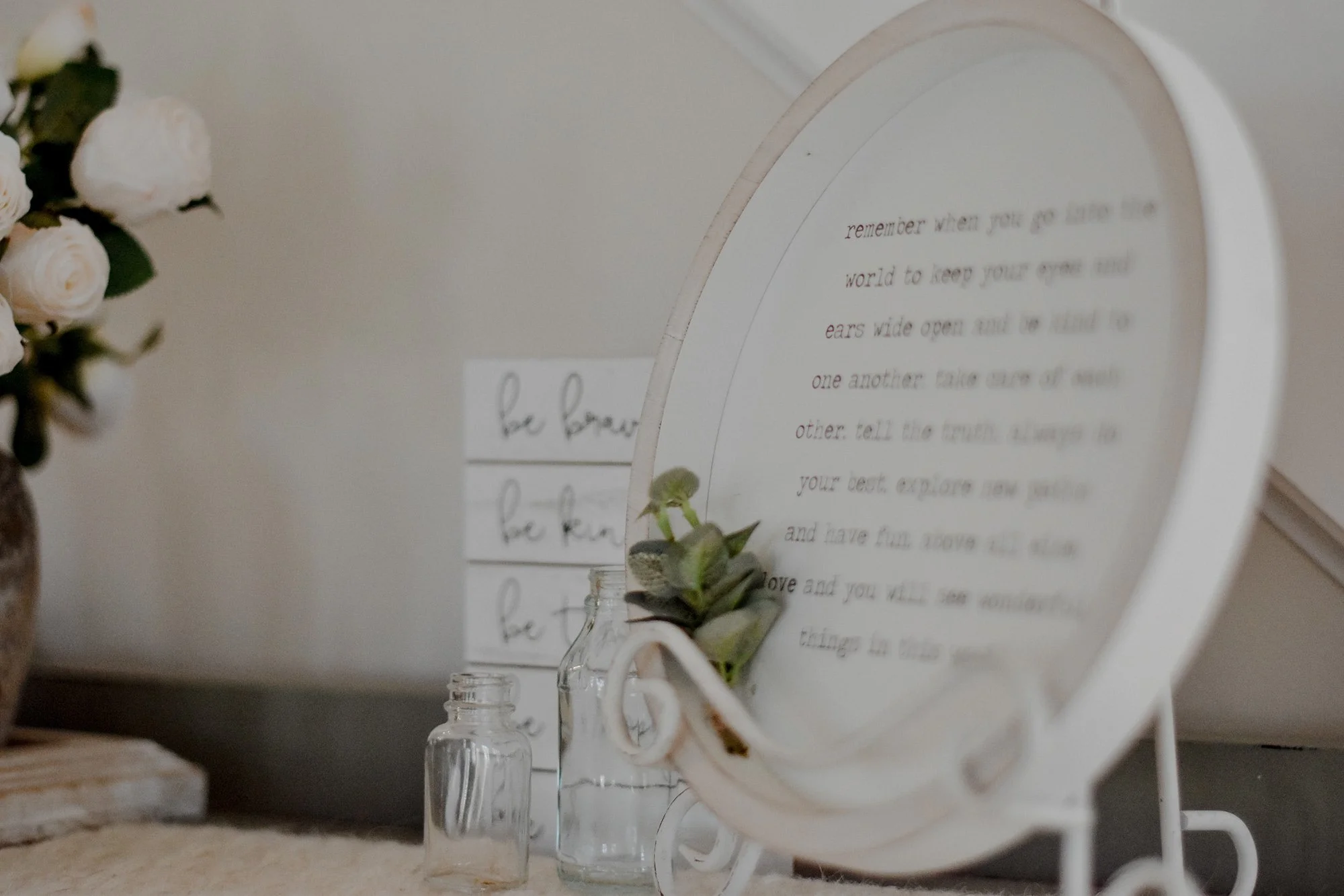 upclose farmhouse decor, white, ristic, quotes, and greenery and florals