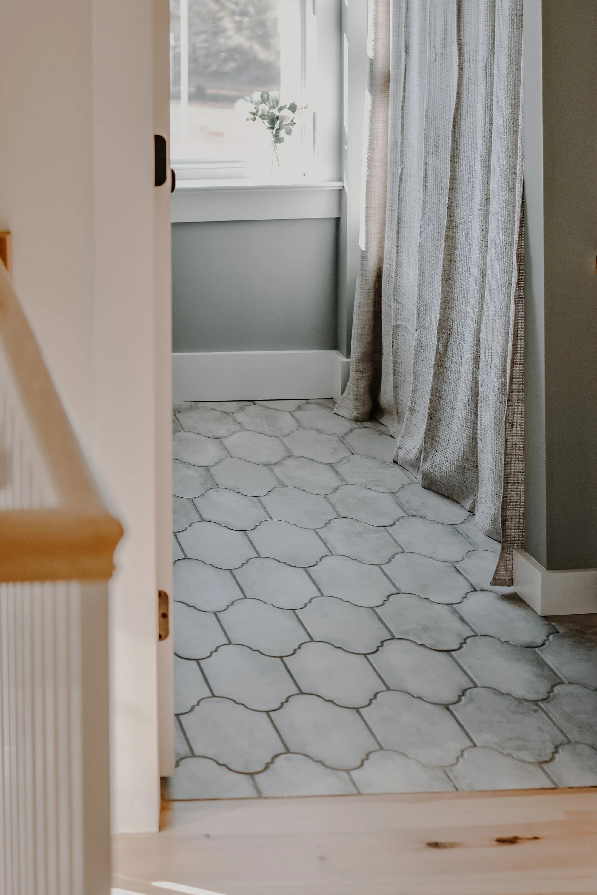 rustic modern farmhouse bathroom entrance tile floor