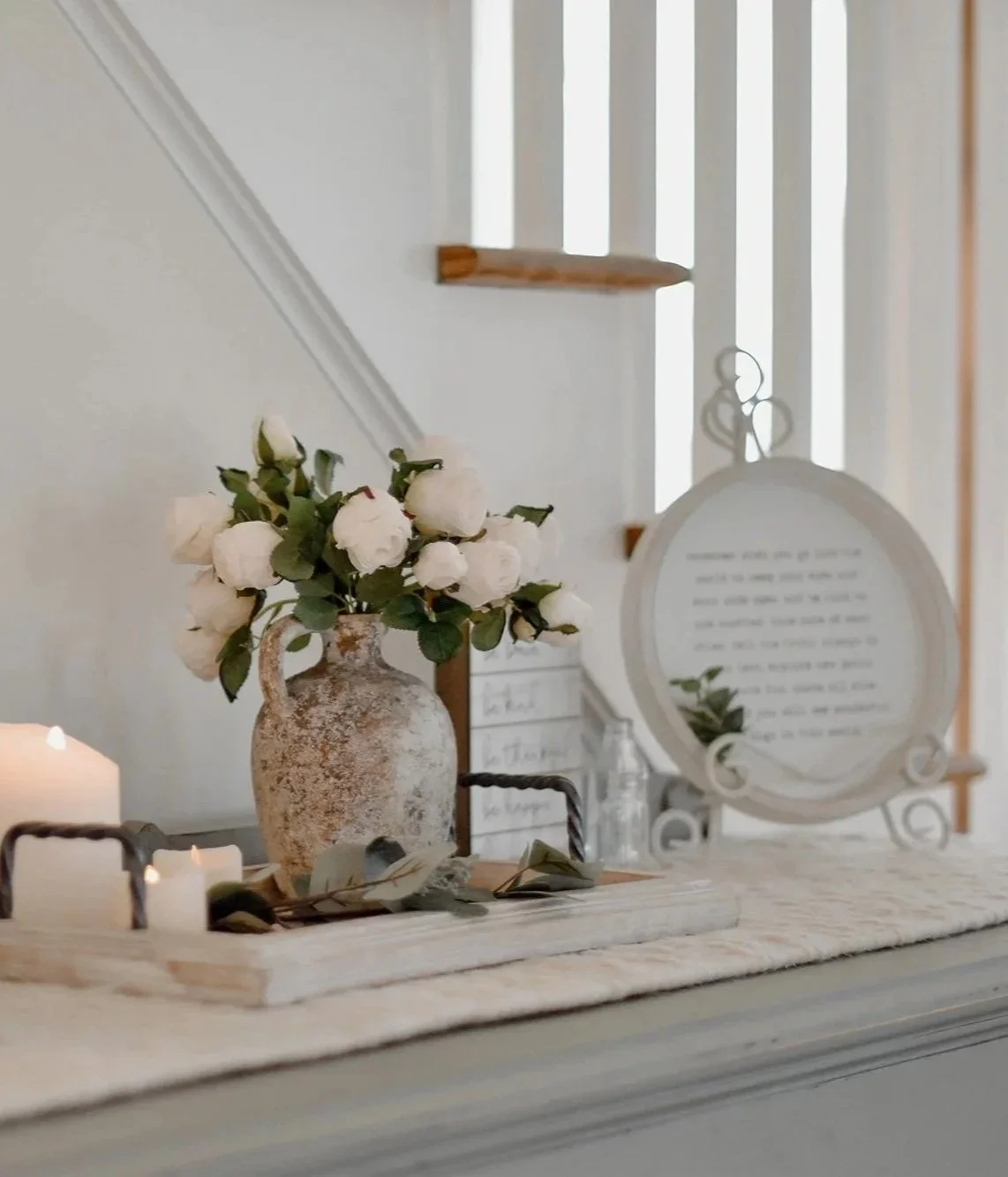 Farmhouse Decor Florals in Antique rustic Vase, sign