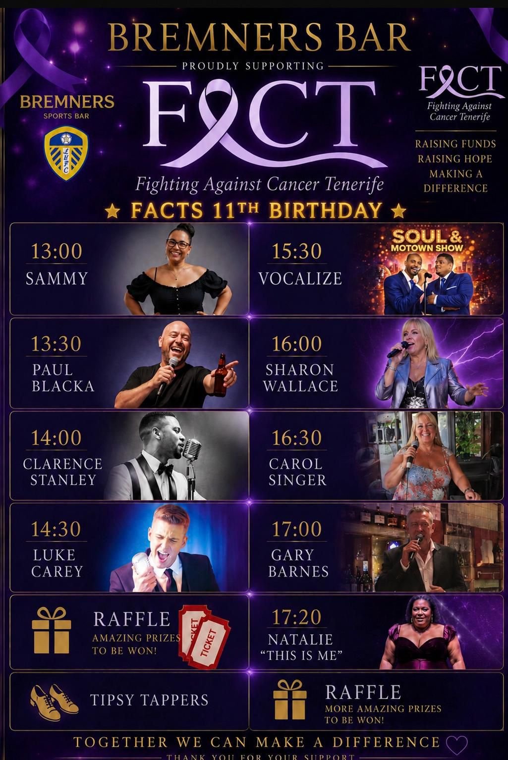 Bremners Sports Bar – 12:30 to 18:00 – 13th June – In aid of FACT (Fighting Against Cancer Tenerife)