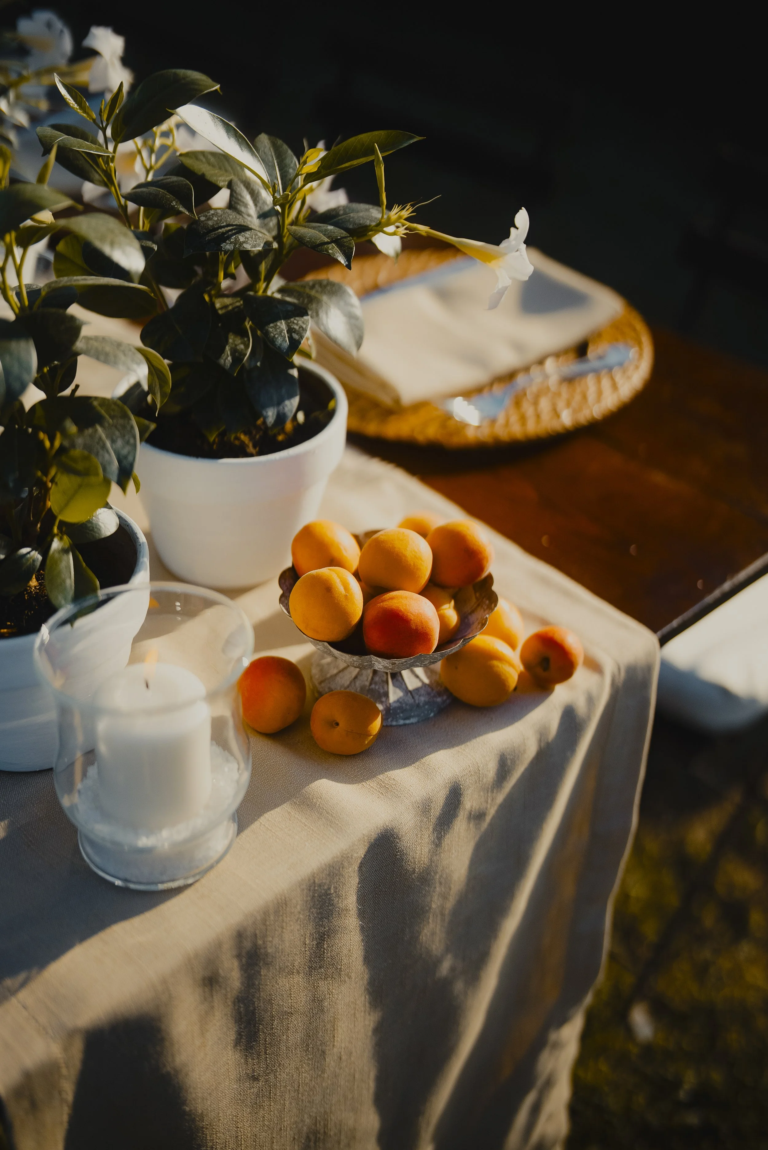 A table with a potted plant, a bowl of peaches, lit candles in glass holders, and a tray with a cloth and utensils, set outdoors in warm sunlight.