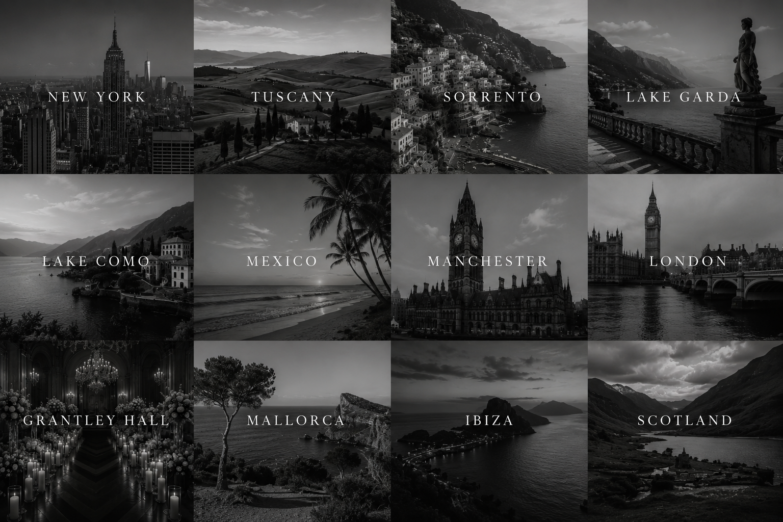 A collage of black and white travel destination images labeled with city or location names: New York, Tuscany, Sorrento, Lake Garda, Lake Como, Mexico, Manchester, London, Grantley Hall, Mallorca, Ibiza, Scotland.