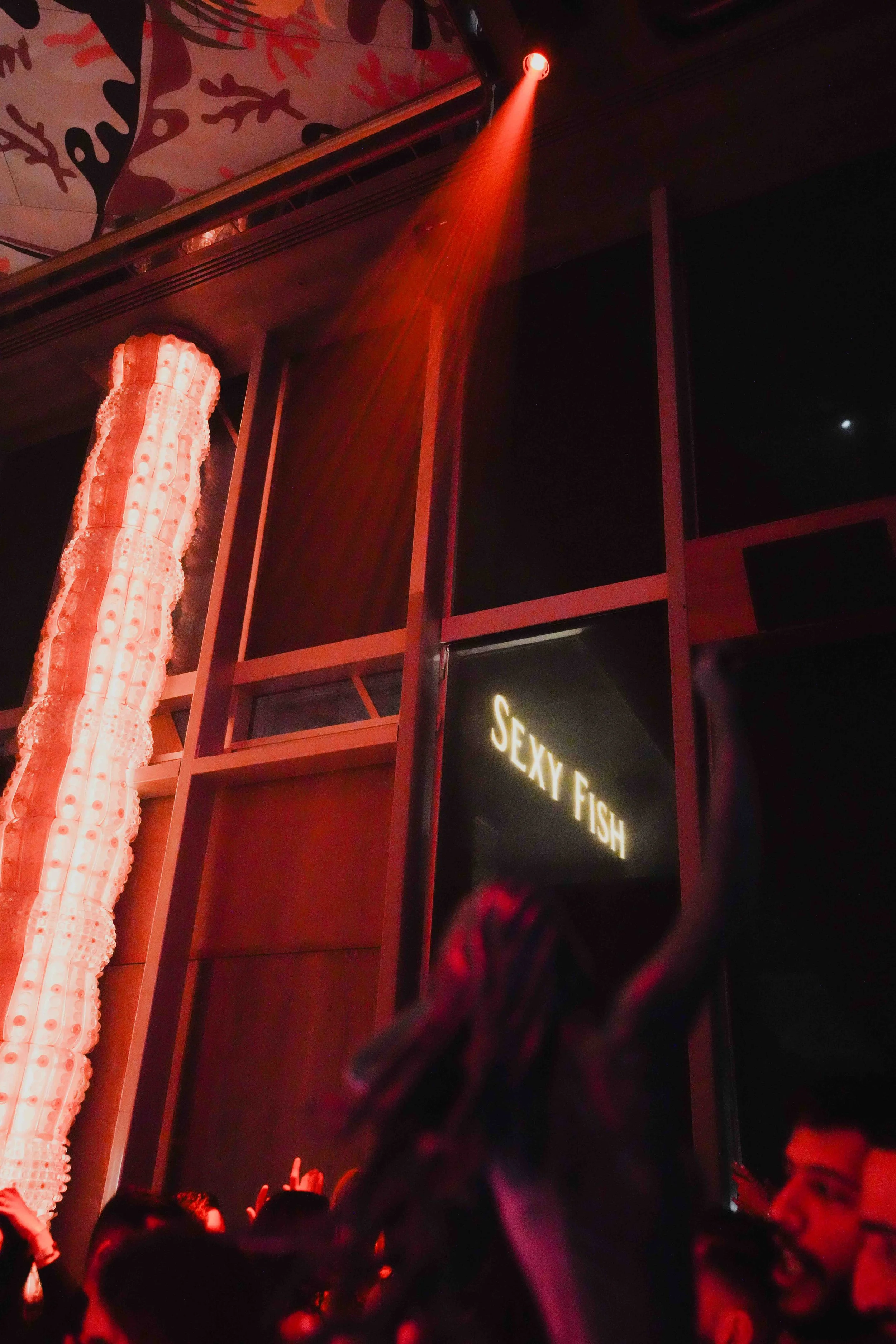 Nightclub scene with a crowd of people, red lighting, and a sign that reads 'SEXY FISH'.