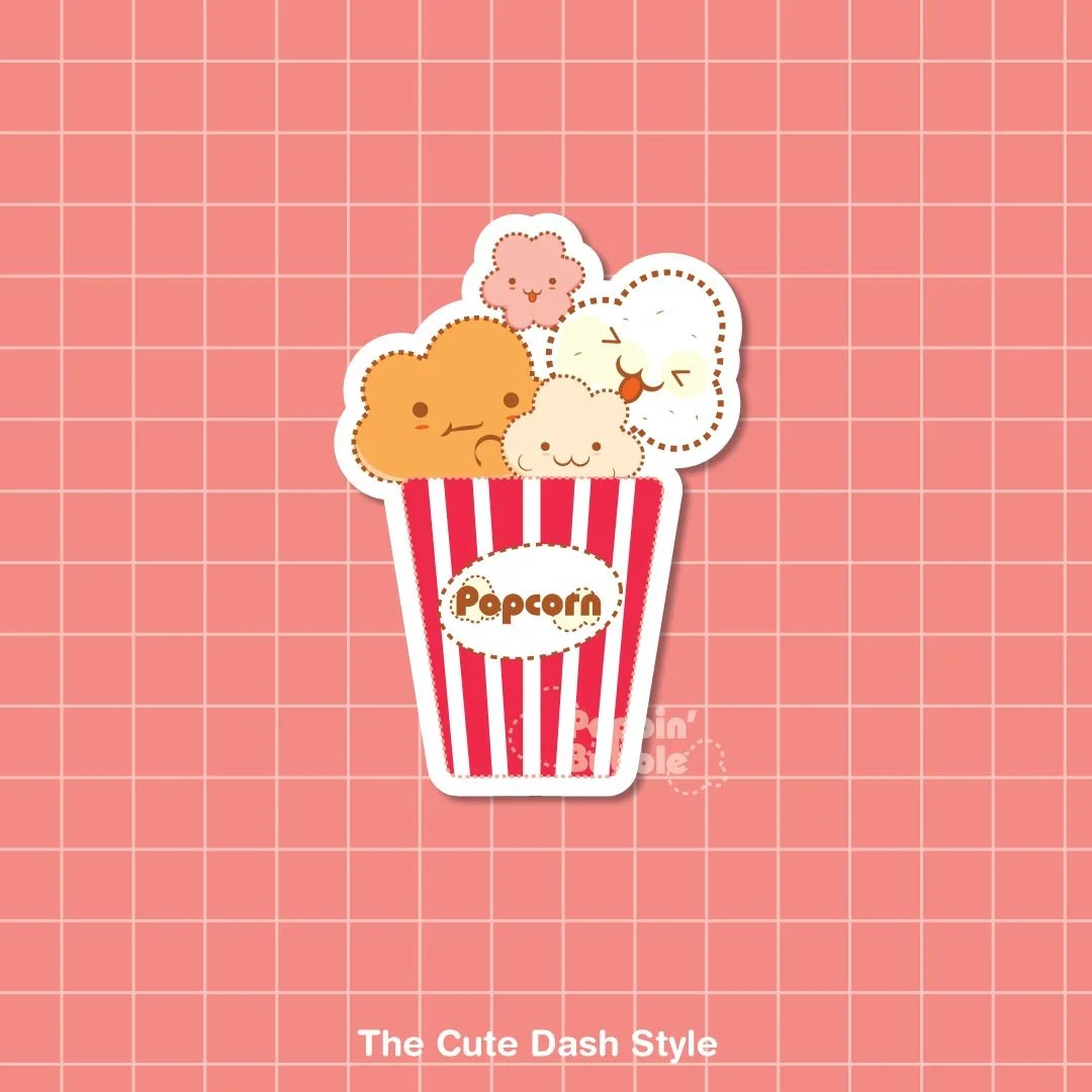 Cute illustration of a container of popcorn with five anthropomorphic popcorn characters in different pastel colors, on a pink grid background.