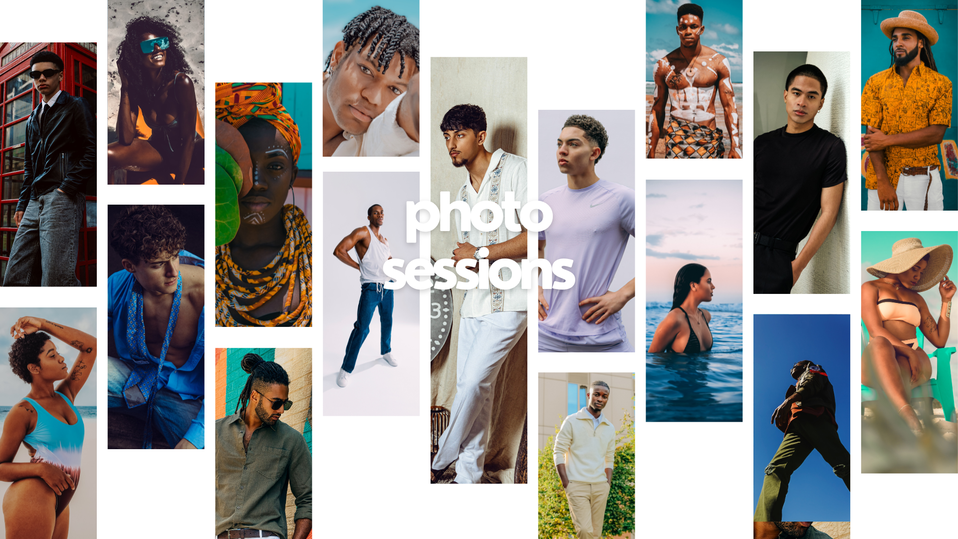 Collage of diverse people on photo session with the text 'photo sessions' overlayed in the center.