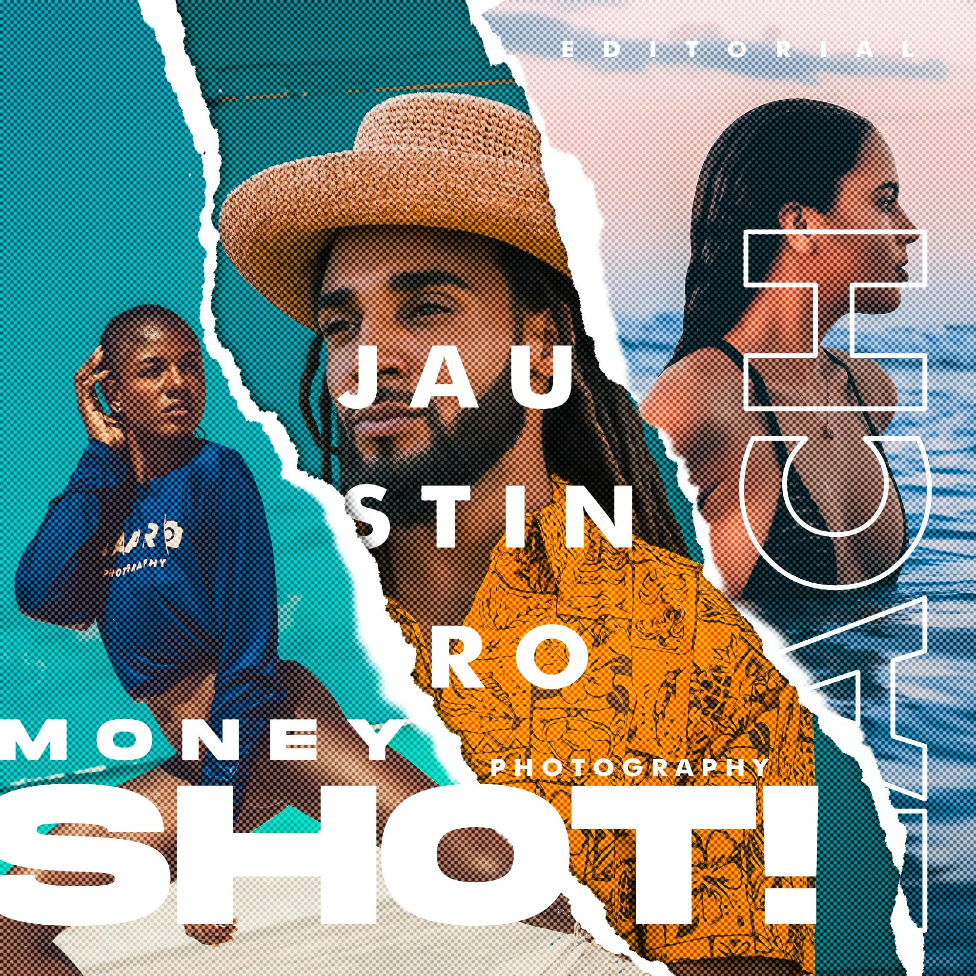 A collage of three people, two women and one man, speaking and smiling, with text overlays reading 'EDITORIAL,' 'JAU,' 'STIN,' 'MONEY,' and 'PHOTOGRAPHY.'