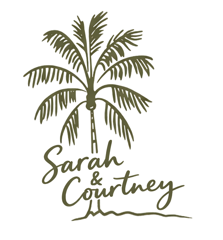A stylized drawing of a palm tree with the words "Sarah Courtney" written in cursive below it.