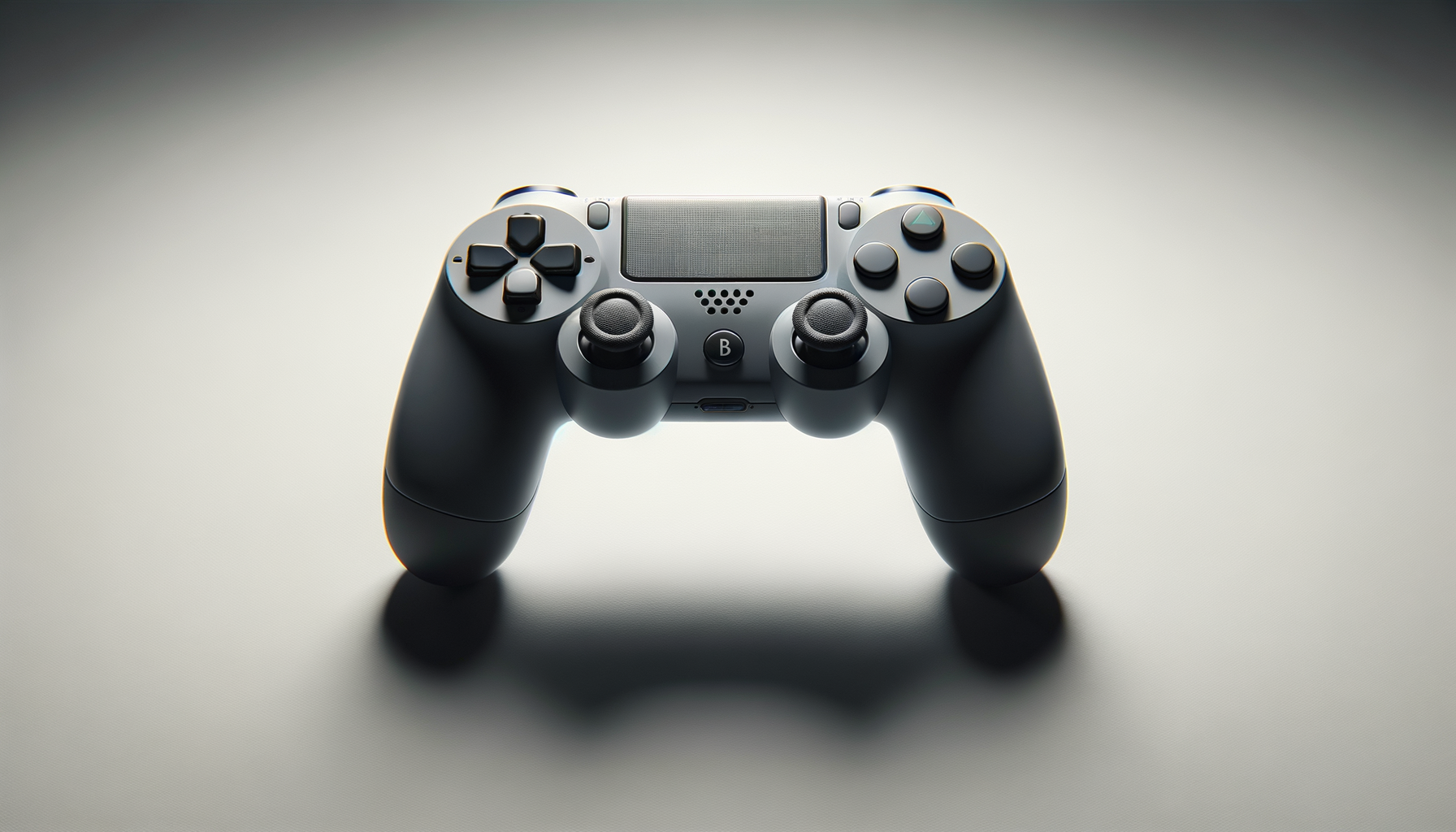 A black and gray gaming controller with dual analog sticks, buttons, and shoulder buttons, placed on a light gray surface with a gradient background.