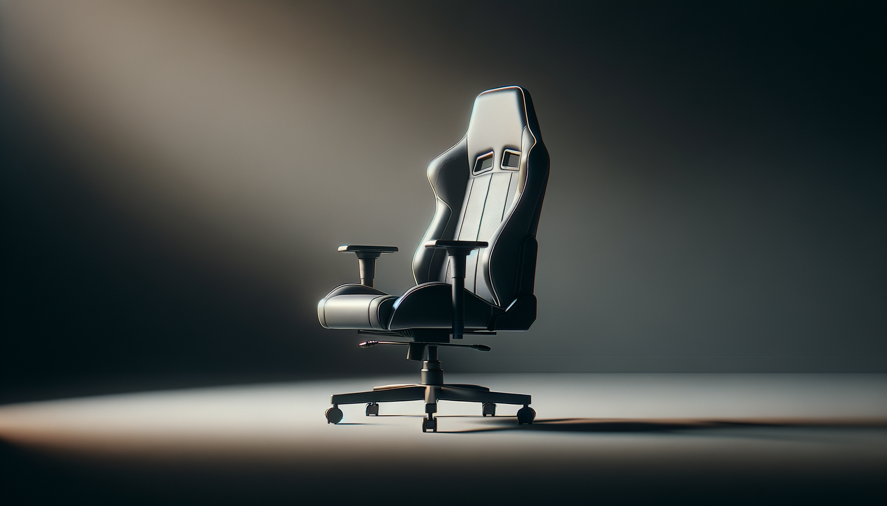 A modern black and silver gaming or office chair with adjustable armrests, set against a dark gradient background.